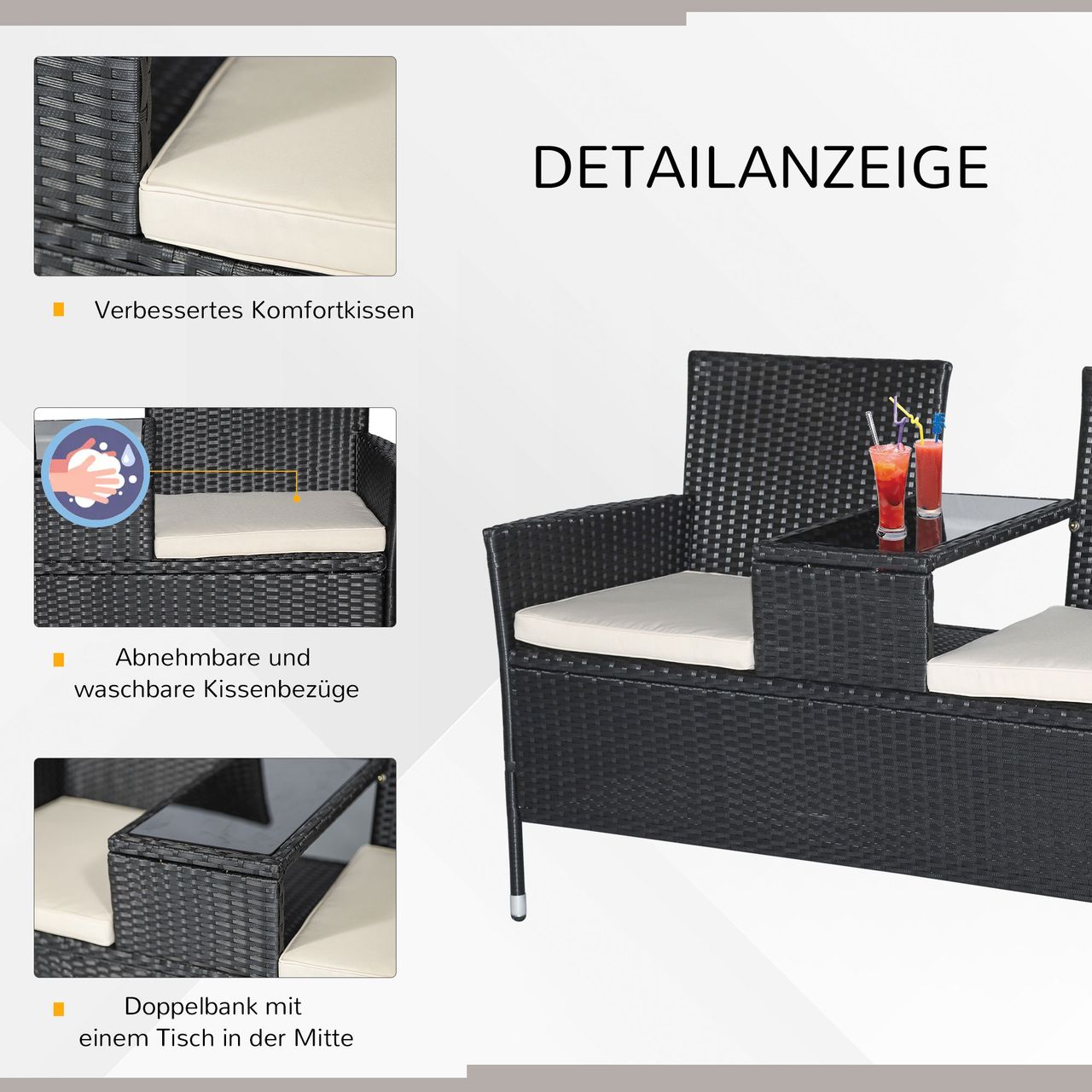 Outsunny Polyrattan Gartenbank Gartensofa Sitzbank mit Tisch 2-Sitzer Stahl Schwarz B133 x T63 x H84cm