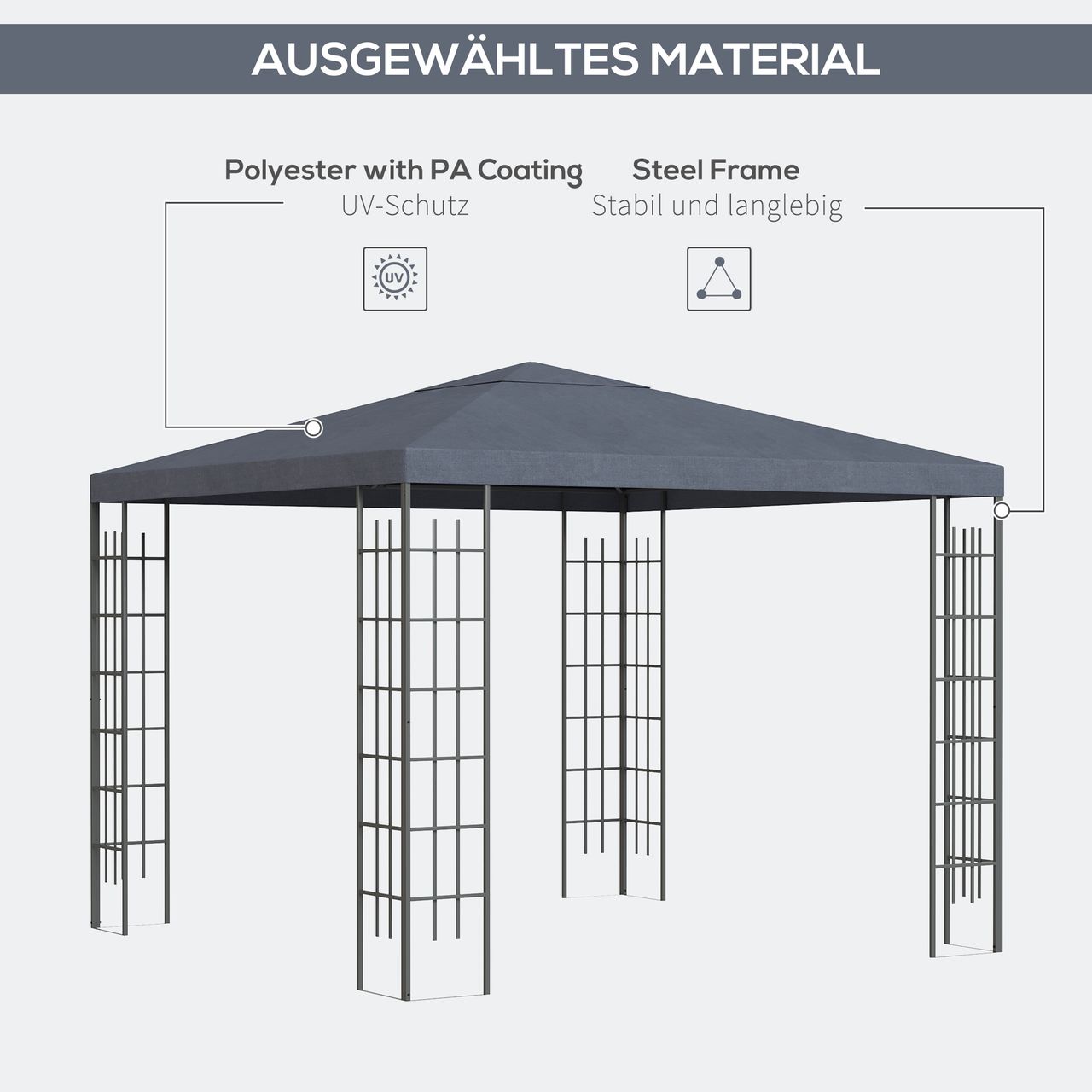 Outsunny Gartenpavillon 3 x 3 m Pavillon Gartenzelt Festzelt Partyzelt Stahl Polyester Grau