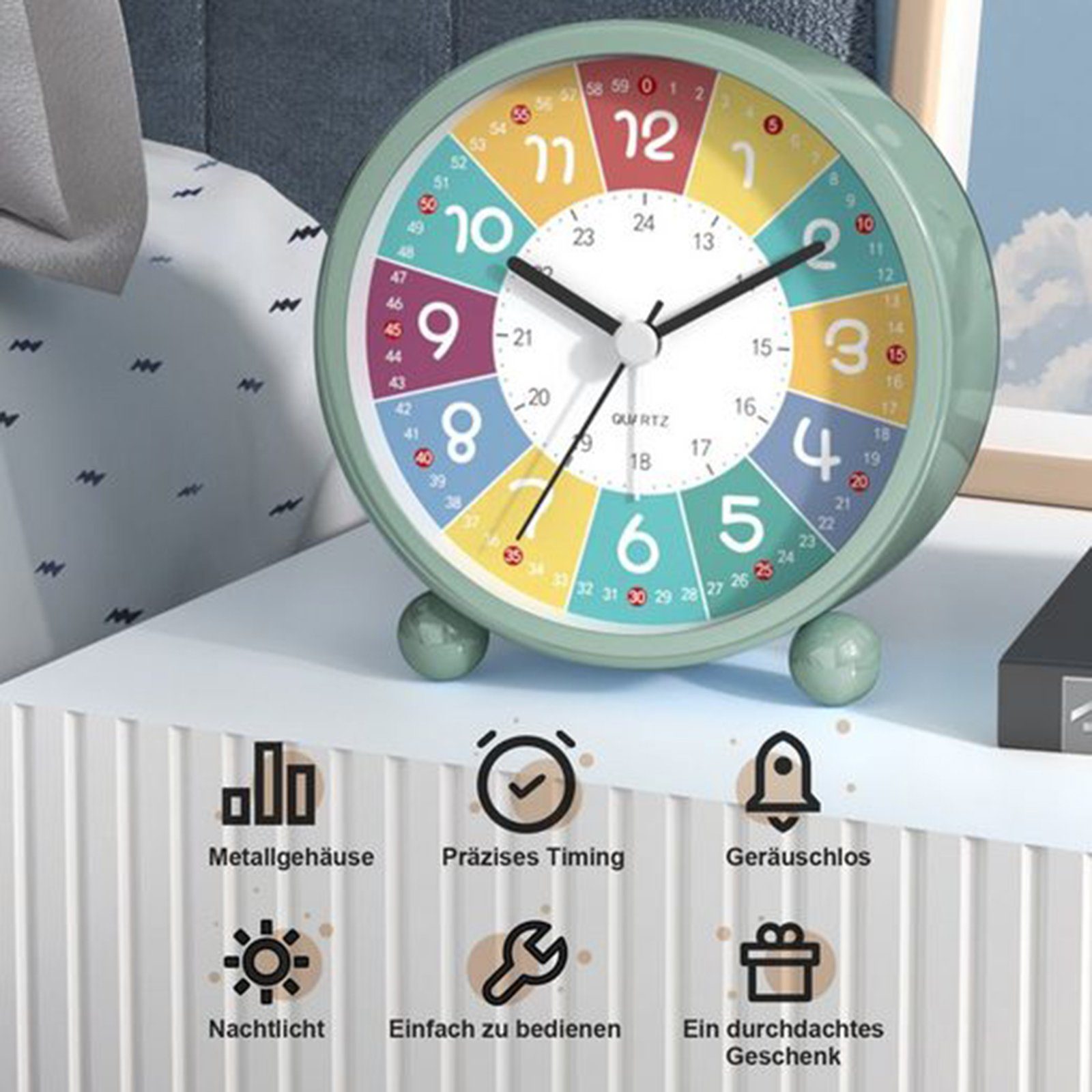 TWSOUL Kinderwecker Drei-Zoll-Kinderwecker stumm, Cartoon Uhr buntes Zifferblatt