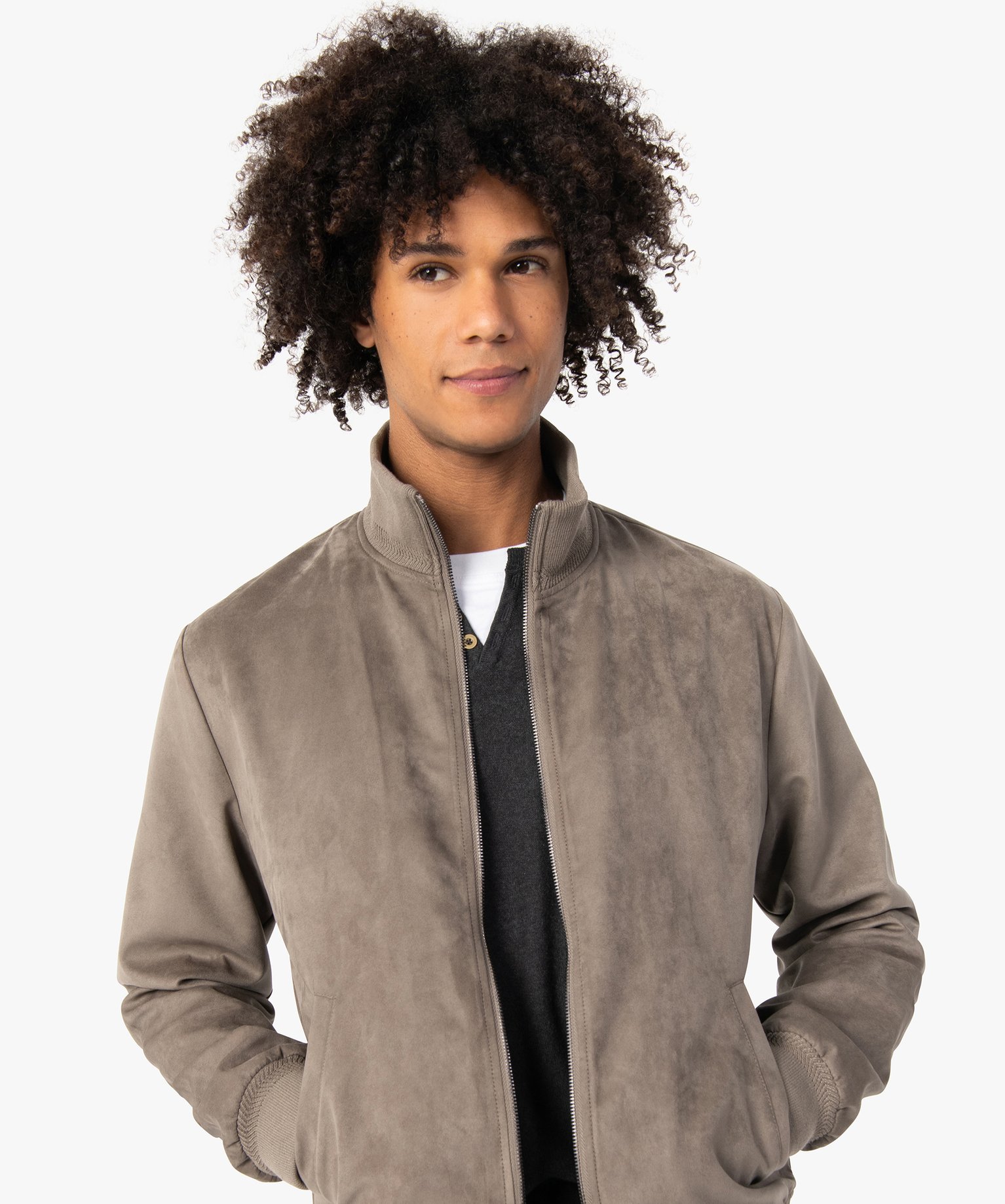Blouson homme en suédine avec finitions bord-cte taupe | GEMO