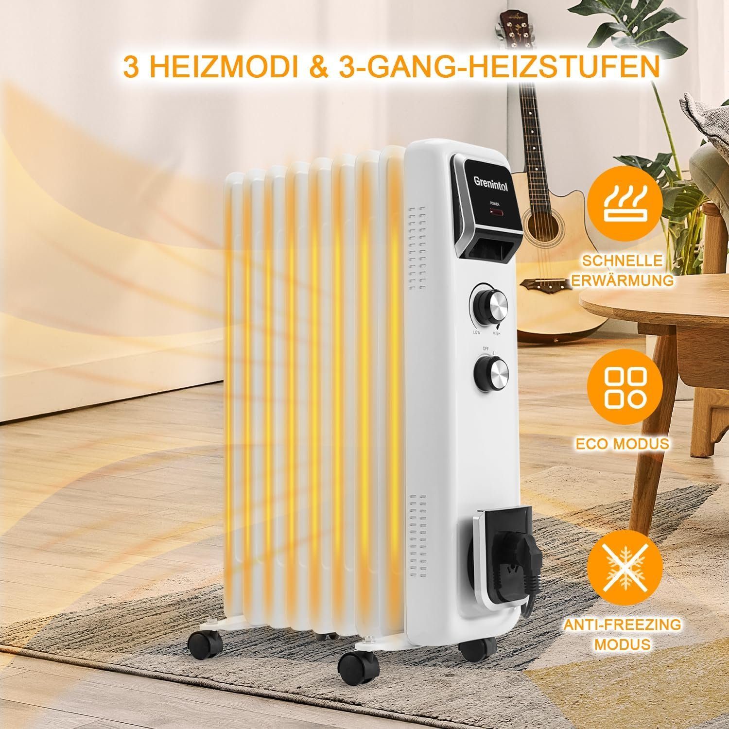 RCB Elektro-Heizkörper Grenintol, 750/1250/2000W Niedriger Stromverbrauch Geräuschlos Mit Thermostat