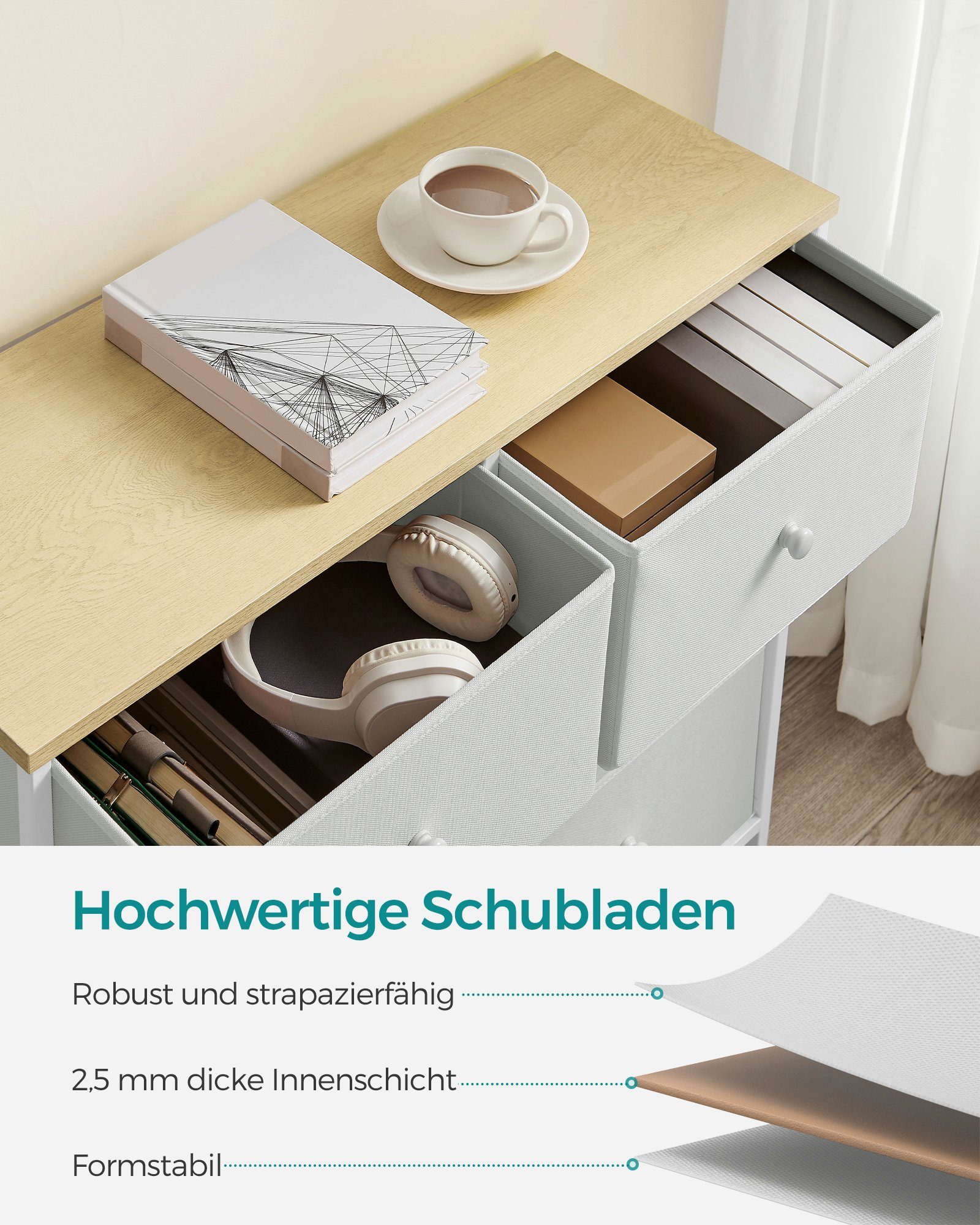 SONGMICS Kommode, Aufbewahrungsschrank mit 6 Stoffschubladen