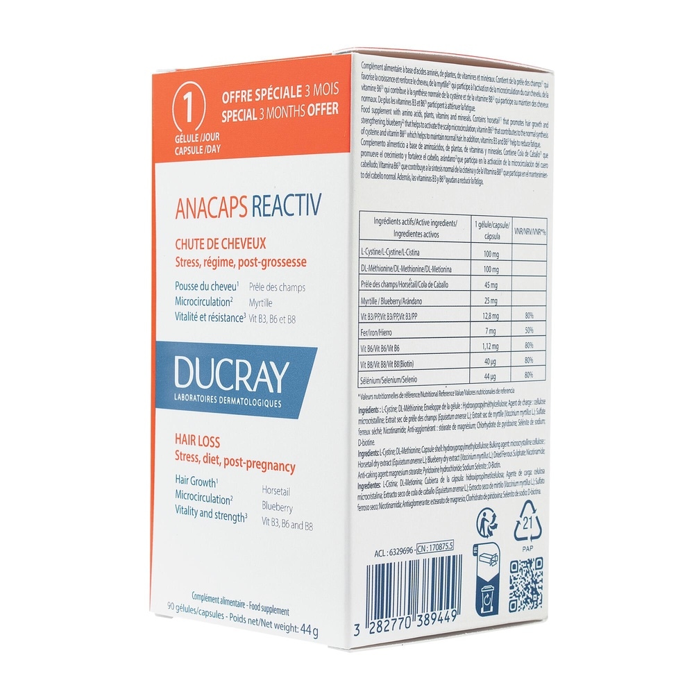 Ducray Anacaps Reactiv Cure complète 3 mois 90Gelules Complément alimentaire