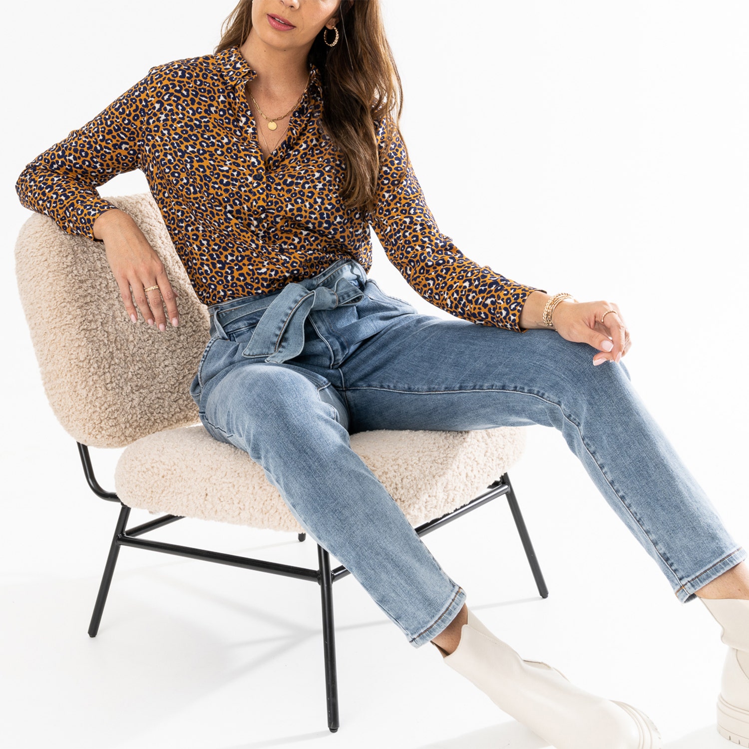 Chemise TEXTO camel à motif léopard bleu
