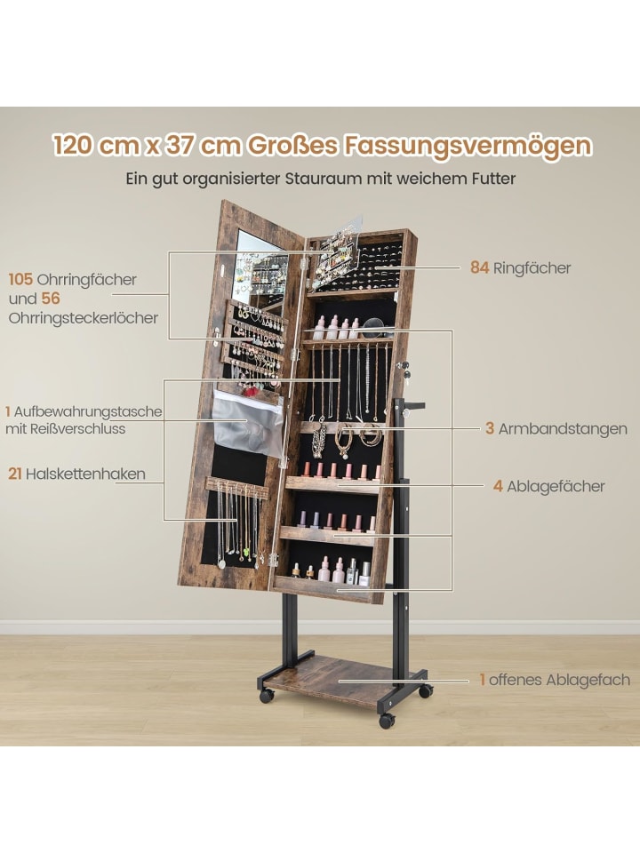 COSTWAY Schmuckschrank LED mit Rollen 4 in 1 in Braun günstig kaufen onesize