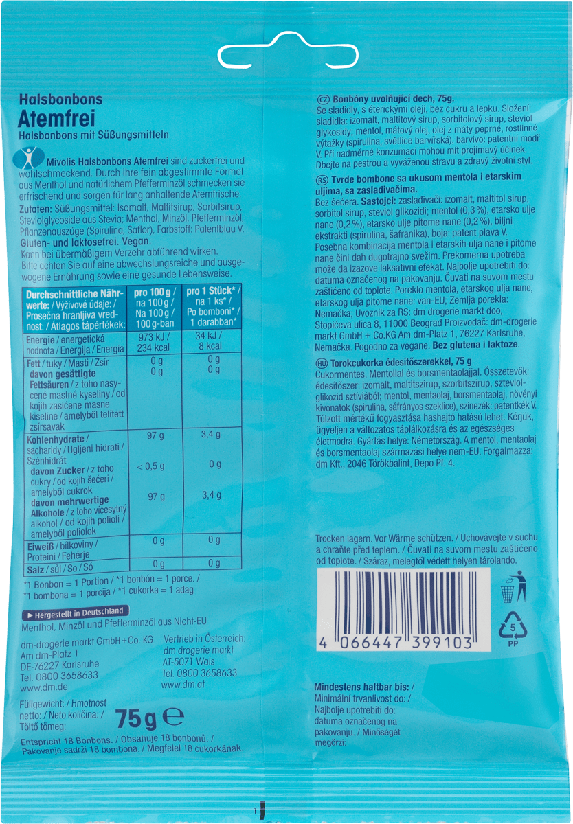 Bonbon, Atemfrei, zuckerfrei, 75 g
