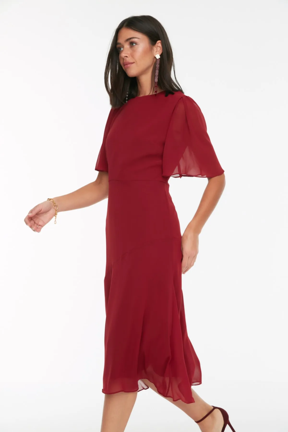 Trendyol Collection  Burgunderrotes A-Linien-Basic-Midi-Webkleid aus Chiffon TWOSS20EL0908