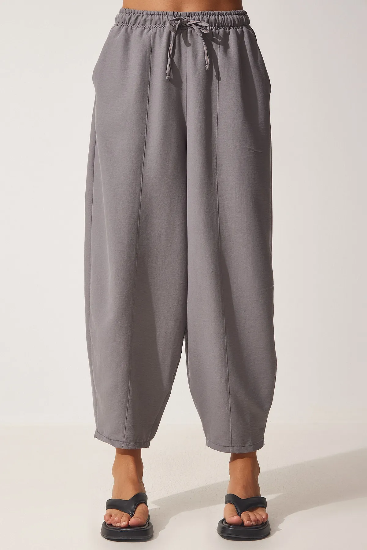 Happiness İstanbul  Graue Shalwar-Hose aus Leinenviskose mit Taschen für Damen CV00001