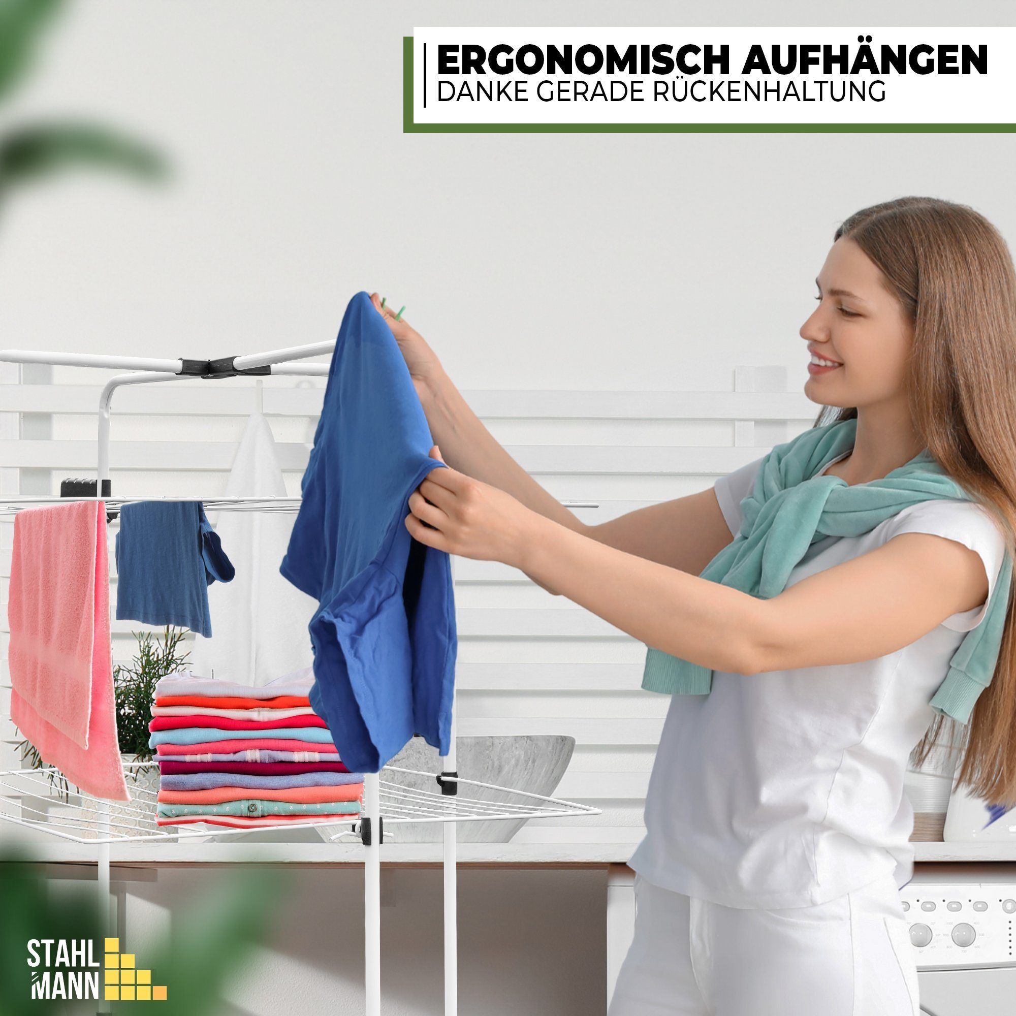 STAHLMANN COMMERCE GmbH Turmwäscheständer 30 m Trockenfläche - klappbarer Wäscheständer - Wäscheturm, Wäschetrockner mit arretierbaren Rollen – extra Stabiler Wäscheständer