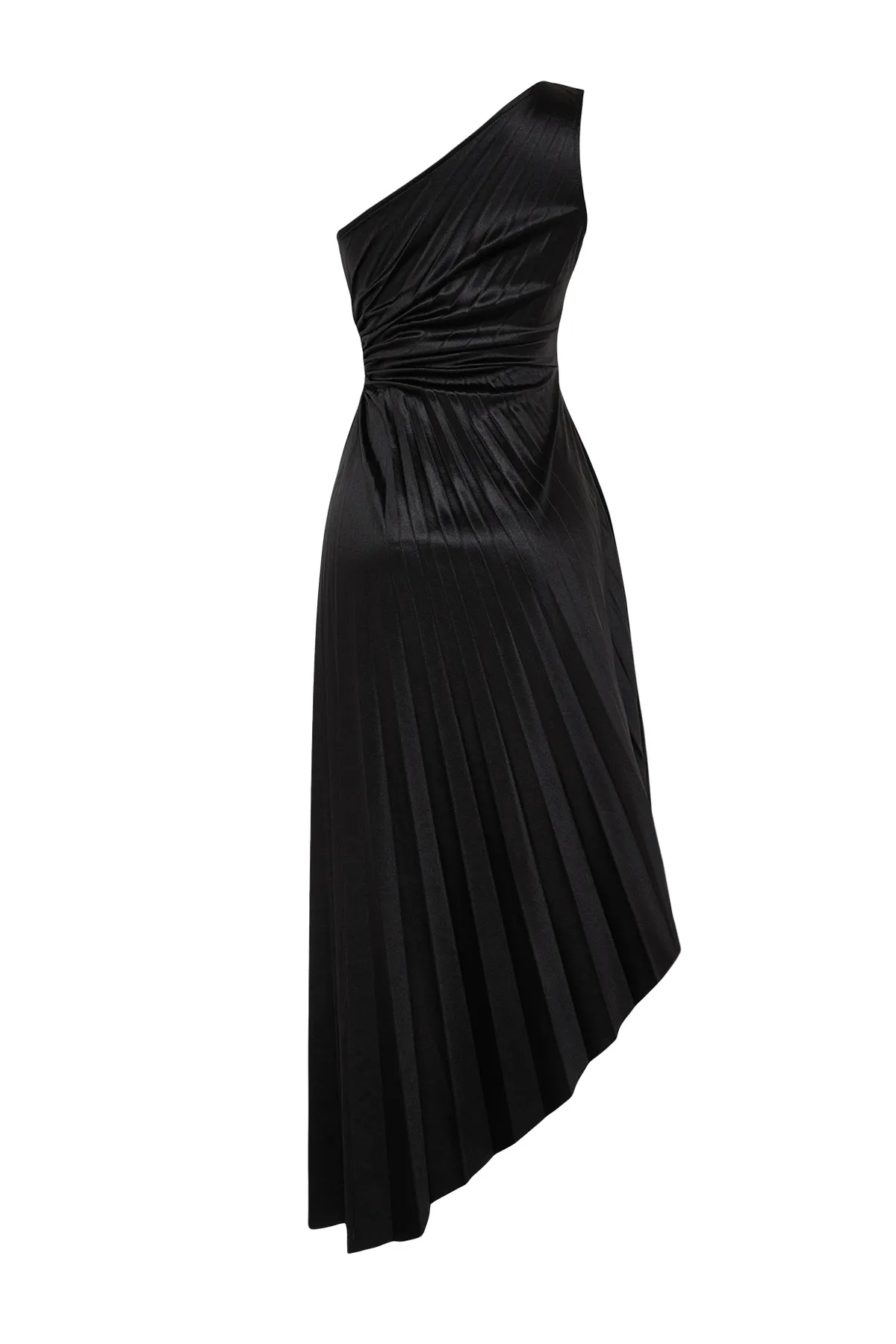Trendyol Collection  Schwarzes, asymmetrisch gestricktes, plissiertes, elegantes Abendkleid aus Satin TPRSS23EL00557