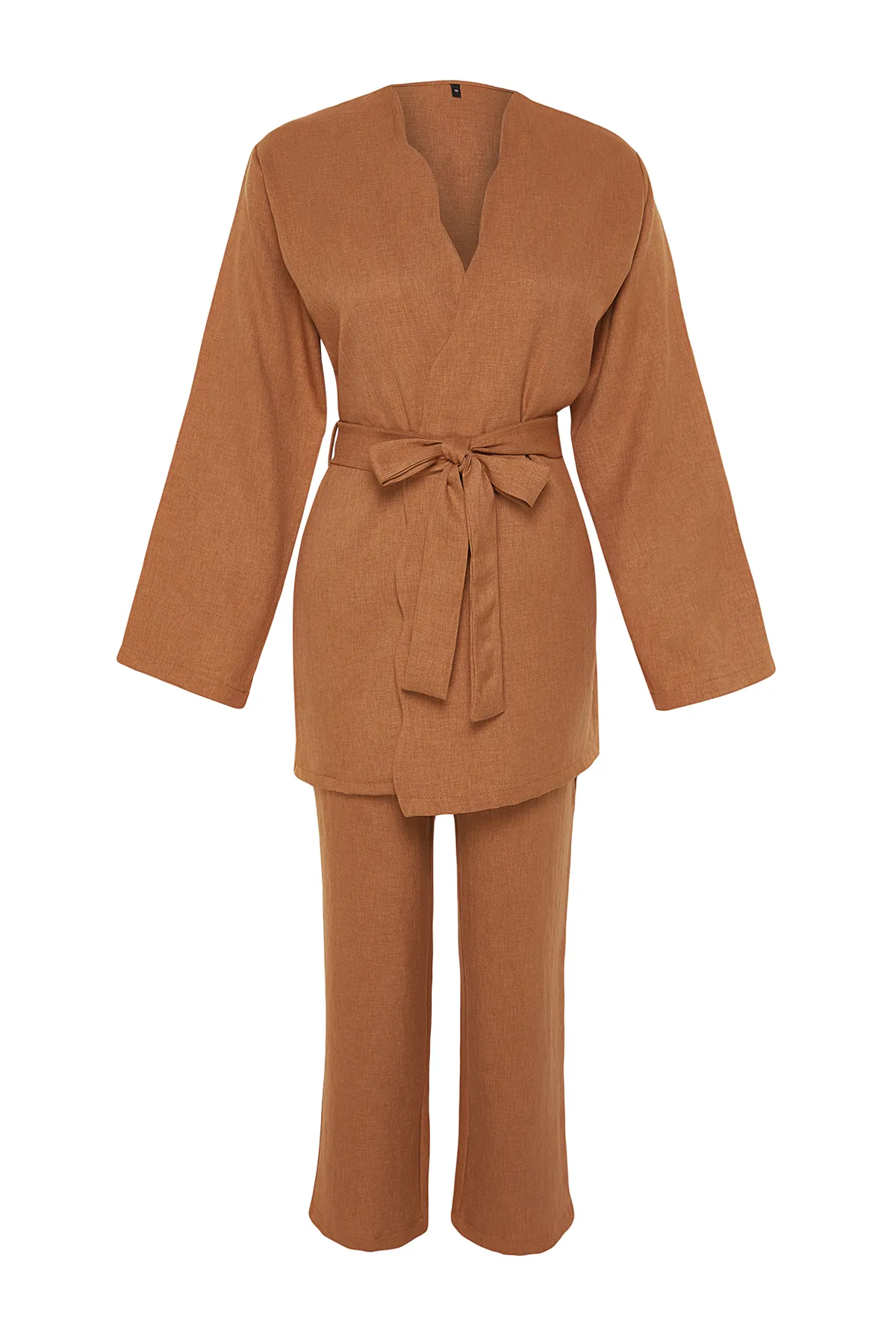 Trendyol Modest  Kamelfarbenes Kimono-Hose-Set in Leinenoptik mit Gürtel aus gewebtem Ober- und Unterteil TCTSS24US00005