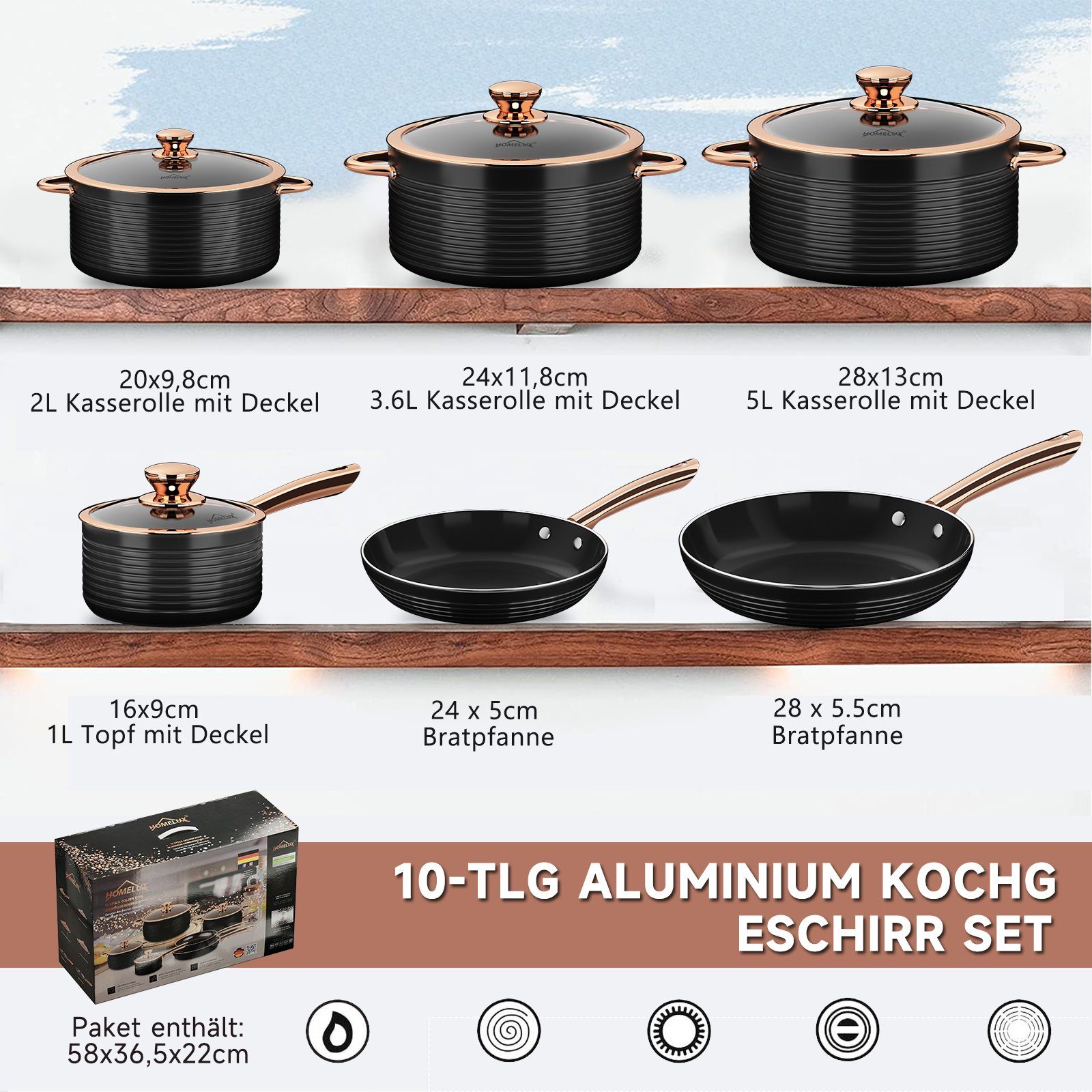 HOMELUX Topf-Set 10tlg Induktions Töpfe Set, Aluminiumguss Kochtopfset mit Deckel, Aluminium (4 Töpfe mit Glasdeckel + 2 Pfanne), induktionsgeeignet