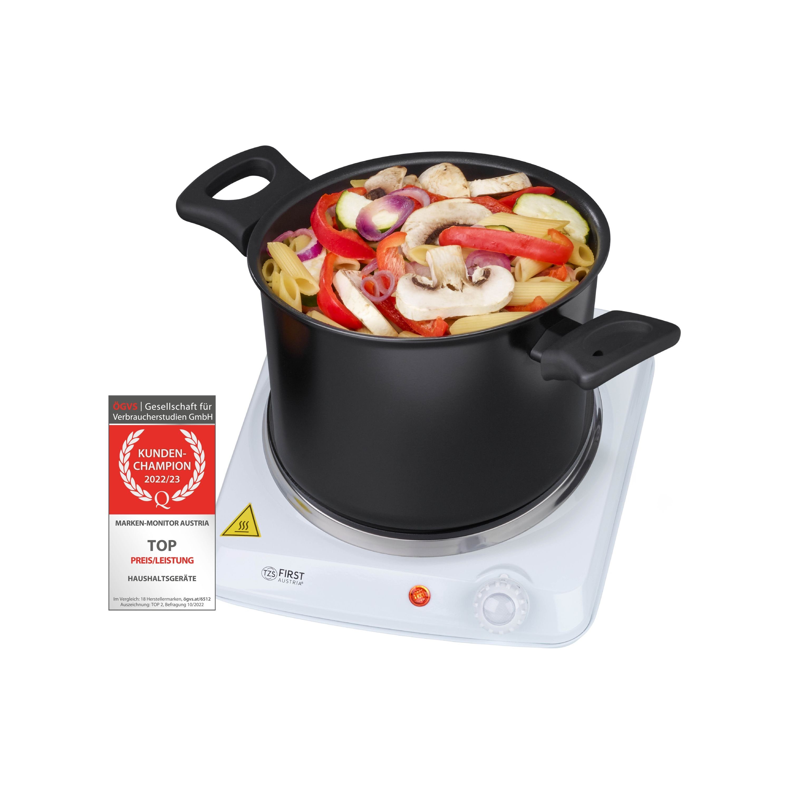TZS FIRST AUSTRIA Doppelkochplatte Einzelkochplatte 1500W, Gusseisen, Kochplatte Weiß, Herdplatte Camping, Thermostat mit 5 Temperaturstufen