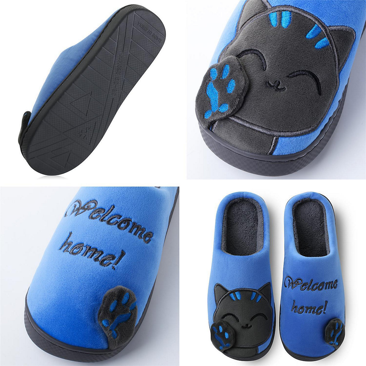 Plüsch Hausschuh Pantoffel Katze blau