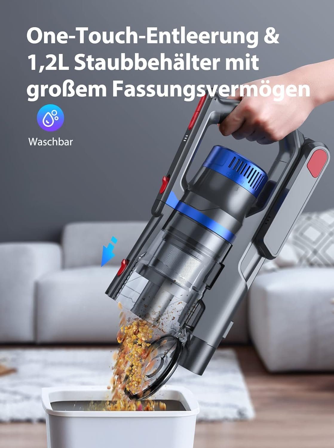 Laresar Akku-Hand-und Stielstaubsauger, 450,00 W, 33KPa Akkustaubsauger, Beutellos, 1,2L Staubspeicherkapazität, bis zu 55 Minuten Laufzeit, für Tierhaare