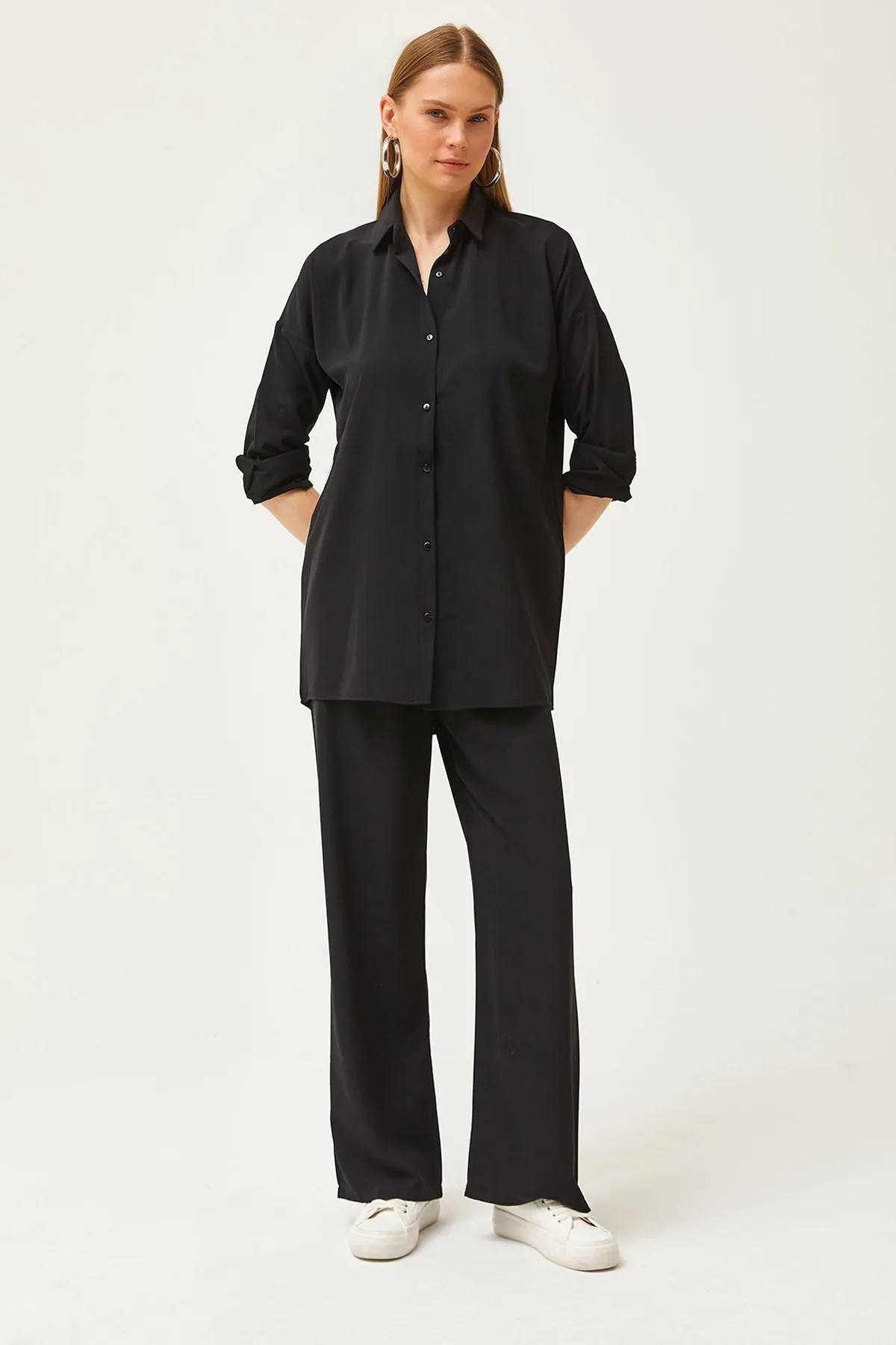 Olalook  Schwarzes drapiertes Hemd-Hosen-Set für Damen TKM-19000283