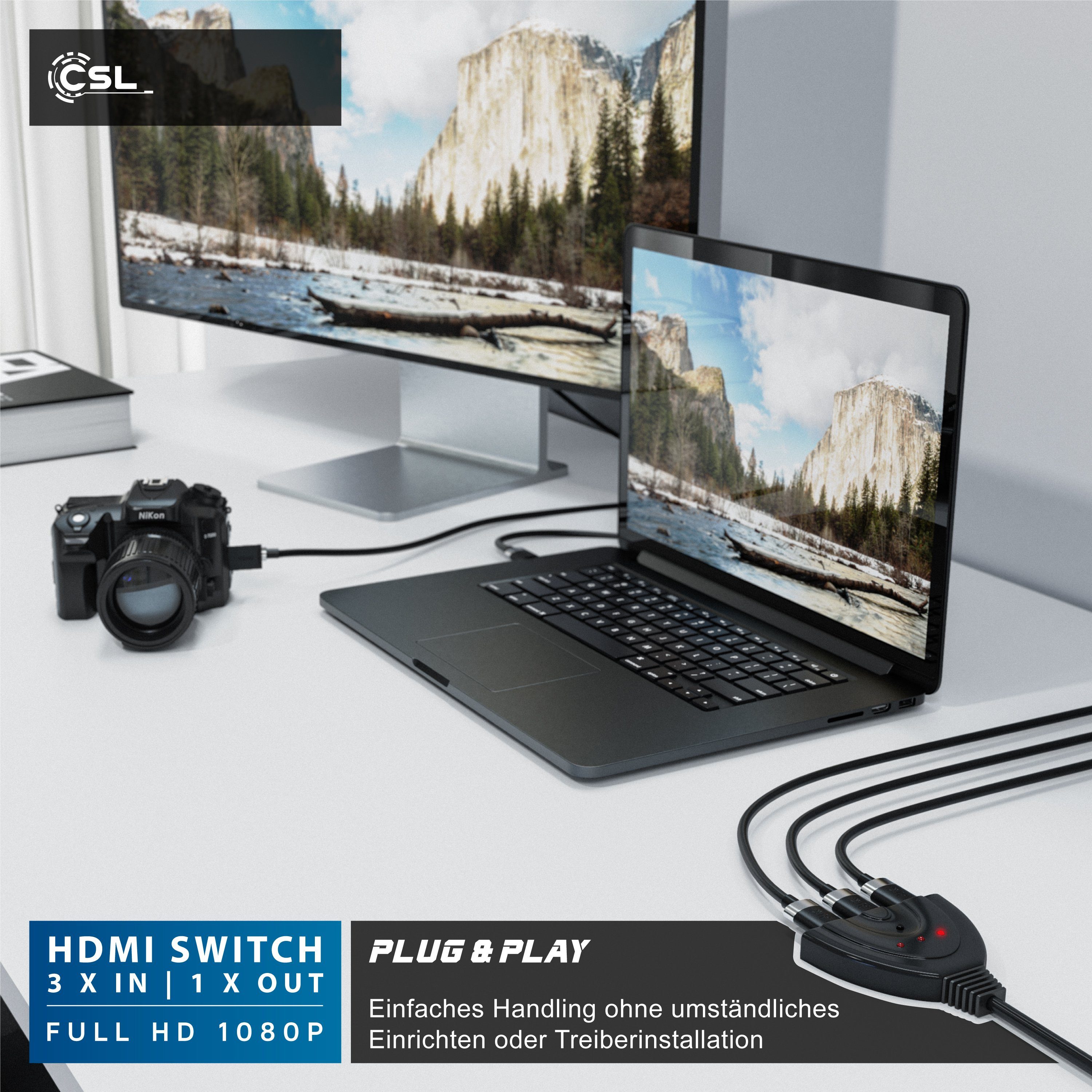 CSL Audio / Video Matrix-Switch, 3-Port Full HDMI Switch, automatische Umschaltung / 3D / HDCP / CEC