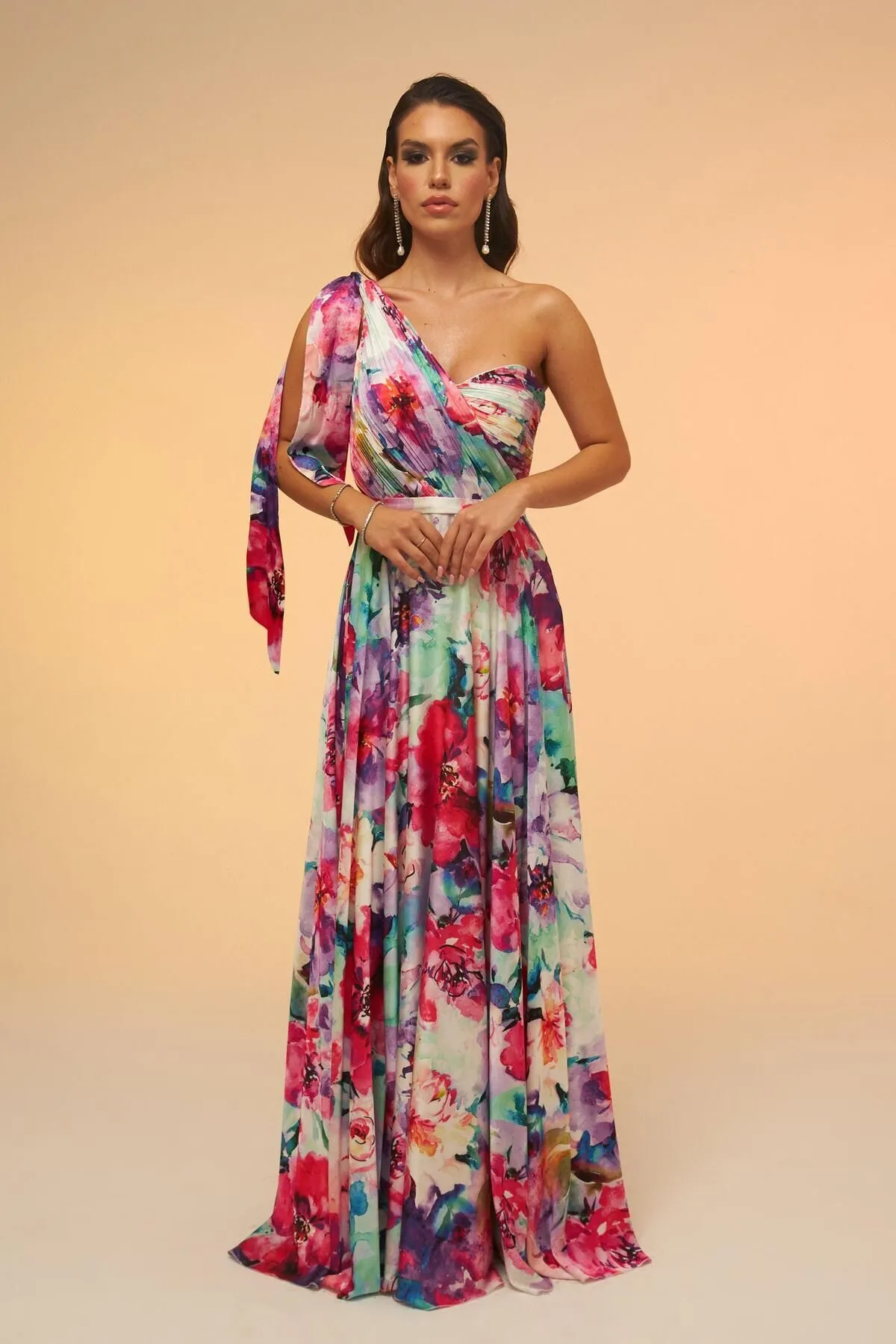 Carmen  Fuchsia bedrucktes, einärmliges langes Abendkleid
