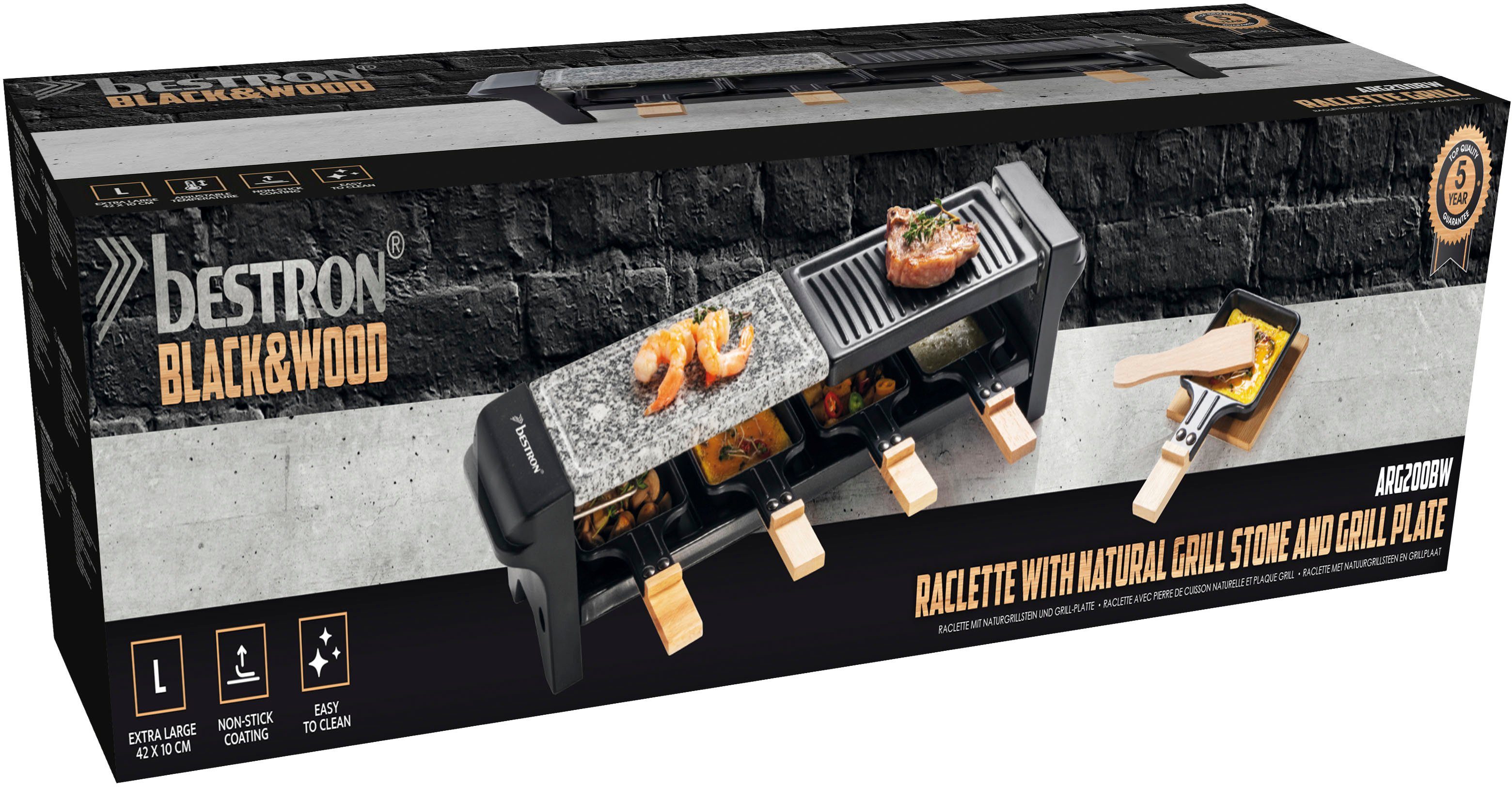 bestron Raclette Grill für 4 Personen, 4 Raclettepfännchen, 650 W, mit 4 Pfännchen, 4 Holzschaber & 4 Untersetzern