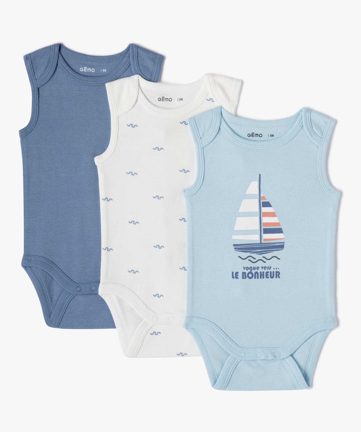 Body bébé sans manches à col américain imprimé (lot de 3) ecru | GEMO
