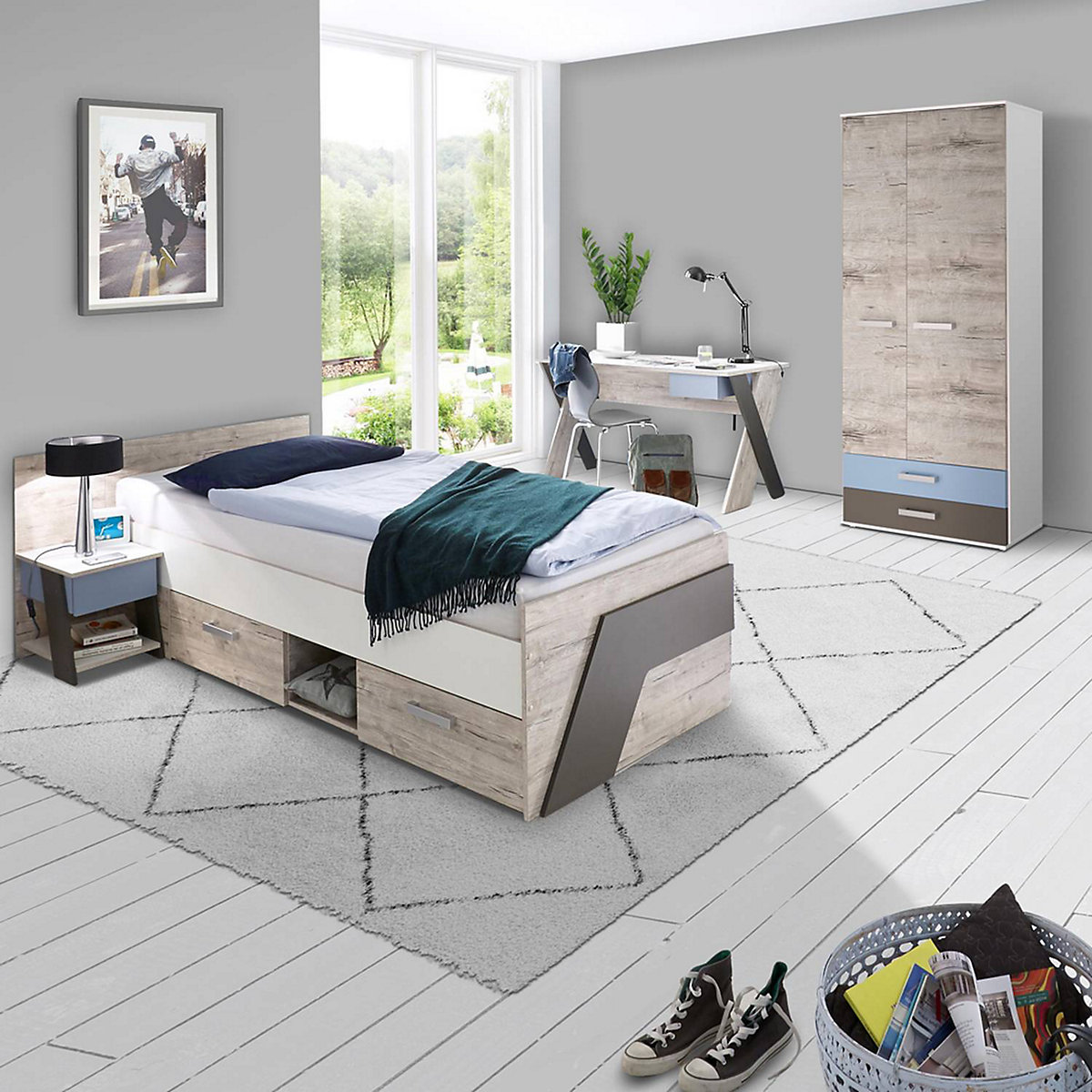 Jugendzimmer Set mit Bett 90x200 cm 4-teilig mit Kleiderschrank LEEDS-10 in Sandeiche Nb. mit weiß, Lava und Denim Blau