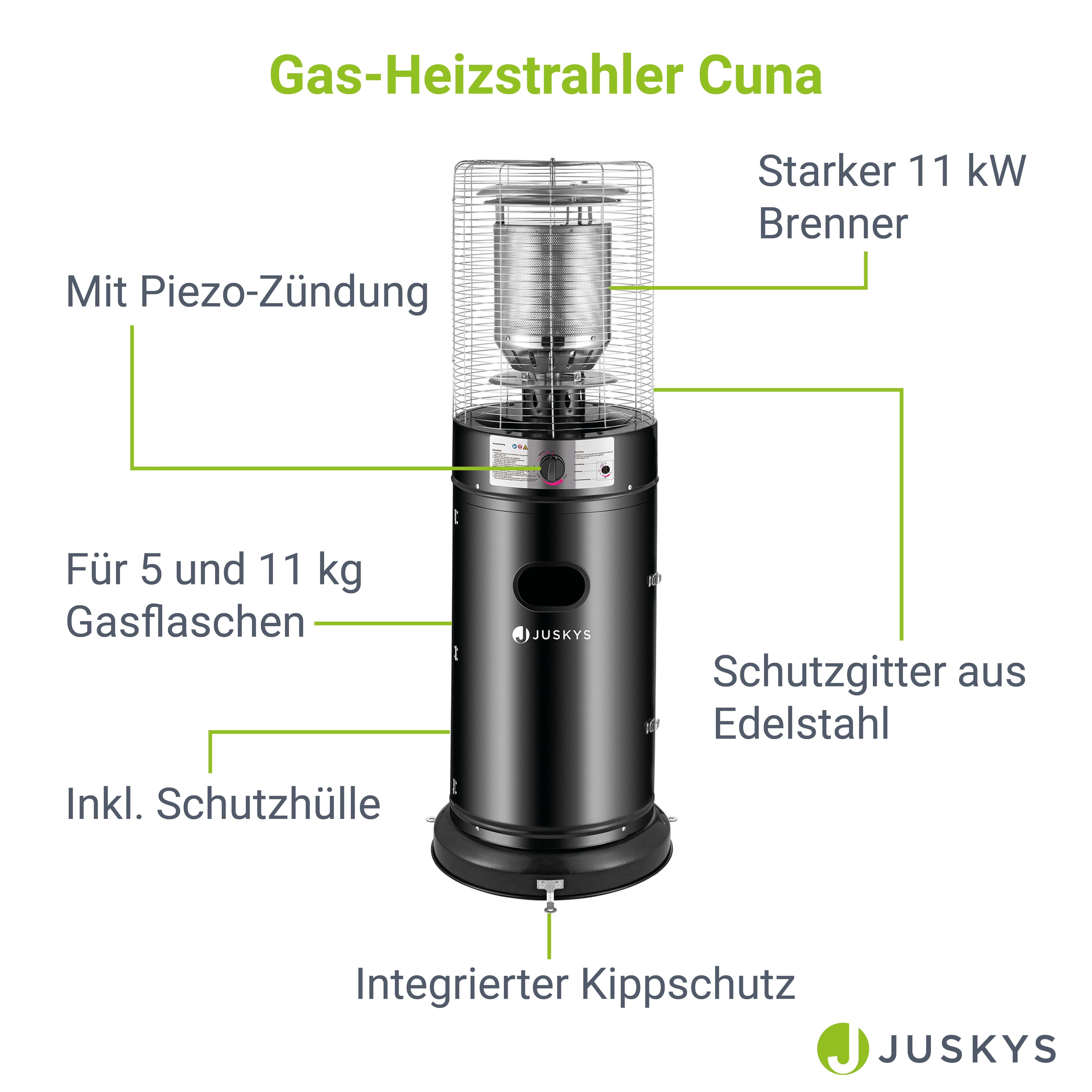 Juskys Heizstrahler Cuna, 11000 W, integrierter Kippschutz, Inkl. Druckminderer, robuste Schutzhülle