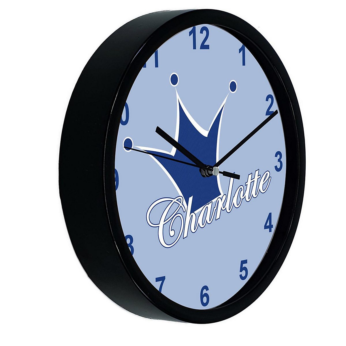 Kinder Wanduhr laufruhig personalisiert mit Name Krone blau