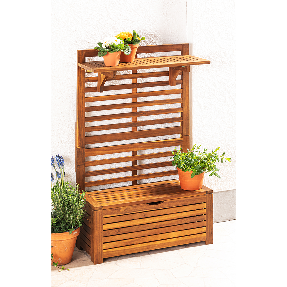 HC Garten & Freizeit Blumenregal aus Akazienholz mit Aufbewahrung & Sitzbank ca. 32 x 70 x 117 cm
