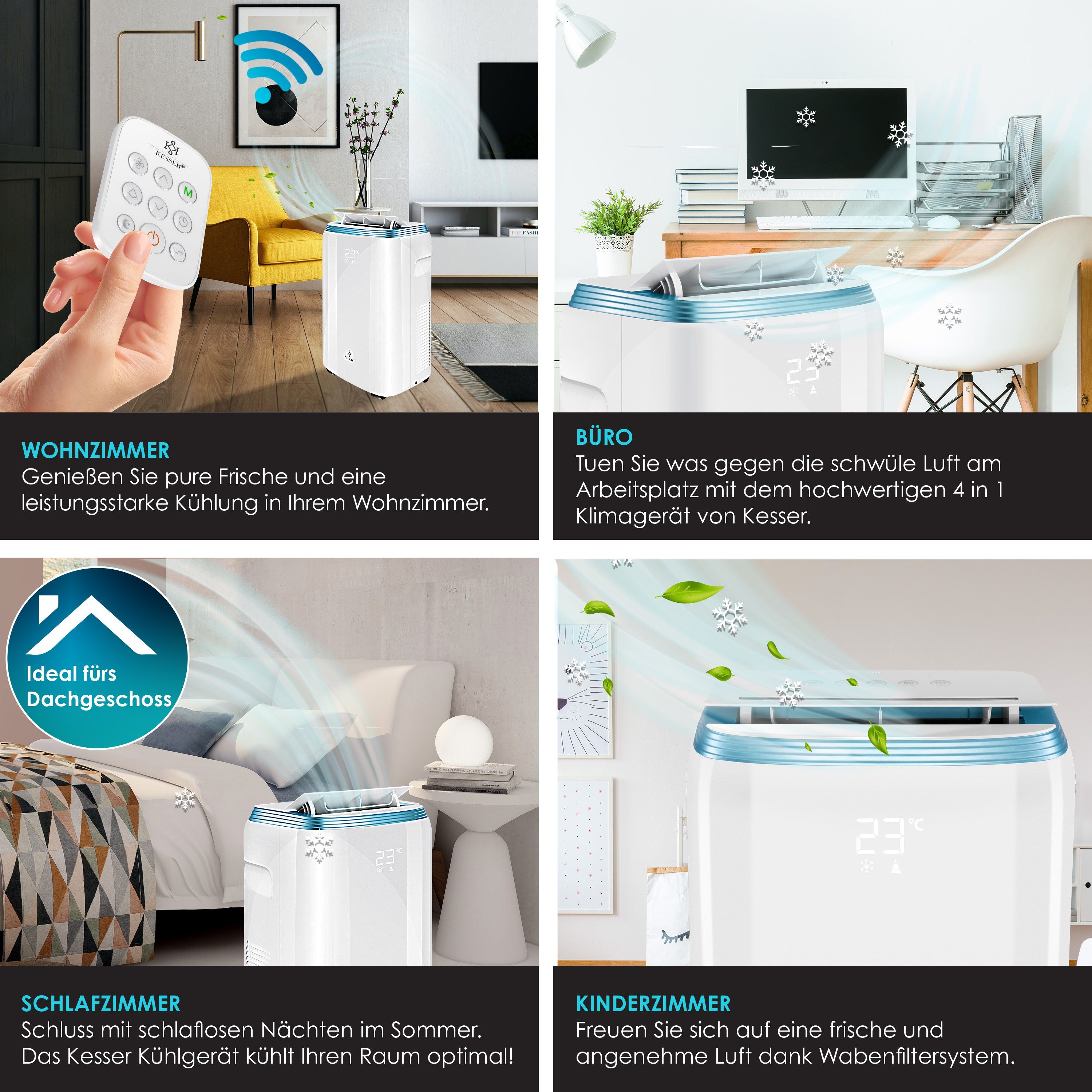 KESSER Klimagerät, Klimaanlage mit Touch-Display - 4 Mod - Timer und Nachtmodus