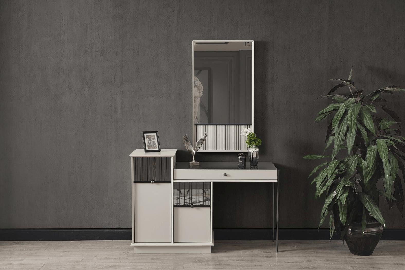 JVmoebel Schlafzimmer-Set Graues Schlafzimmer Bett 2x Nachttische Schminktisch Luxus Spiegel, (4-St., Bett, 2x Nachttisch, Schminktisch, Spiegel), Made in Europa