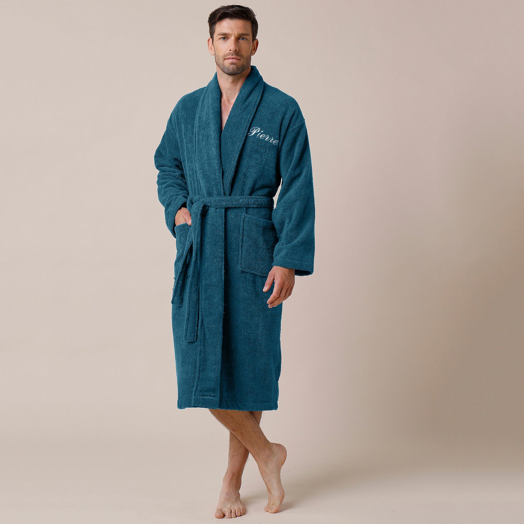 Peignoir mixte adulte éponge bouclette col châle personnalisable
