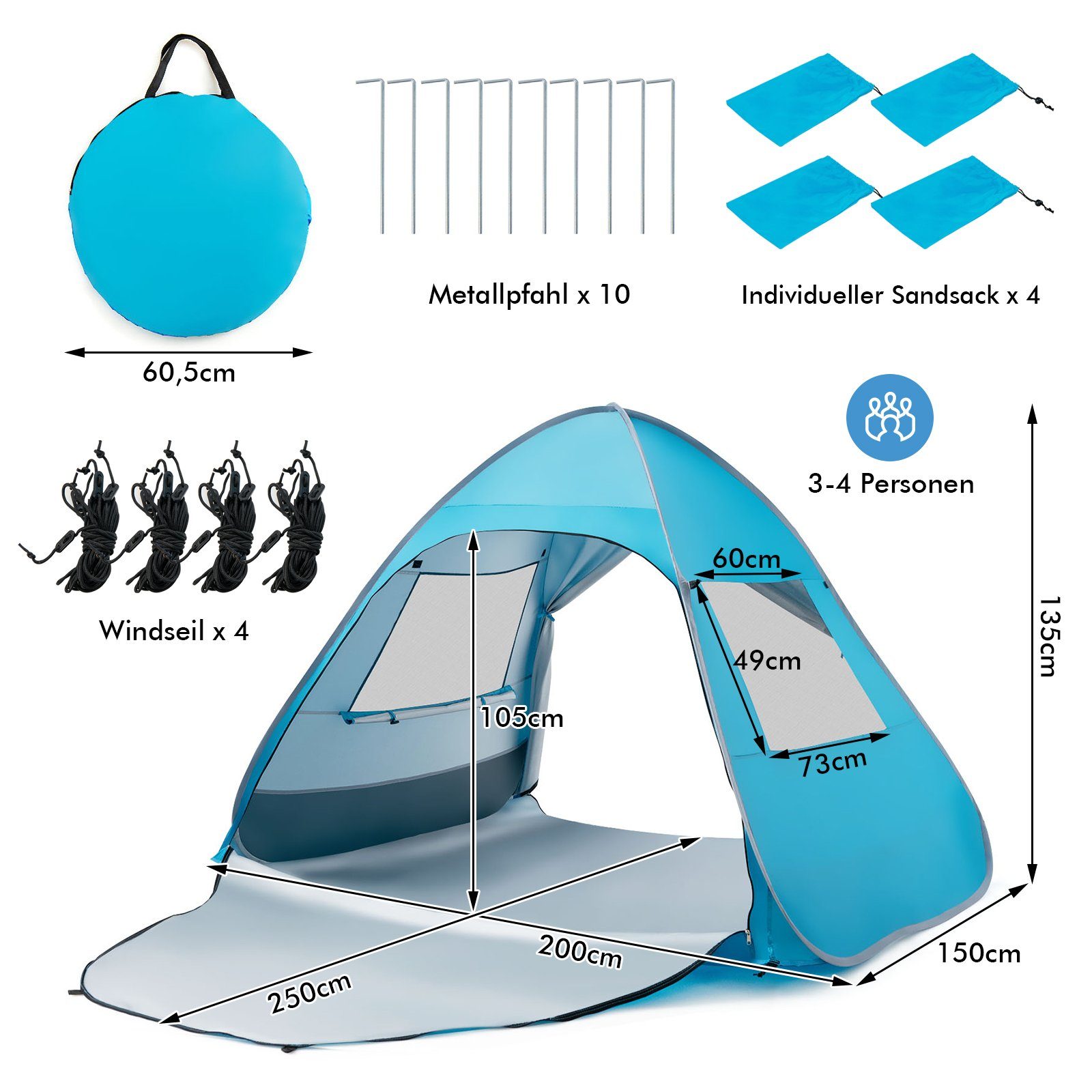 COSTWAY Strandmuschel Pop Up Strandzelt, Personen: 4, mit Tragetasche