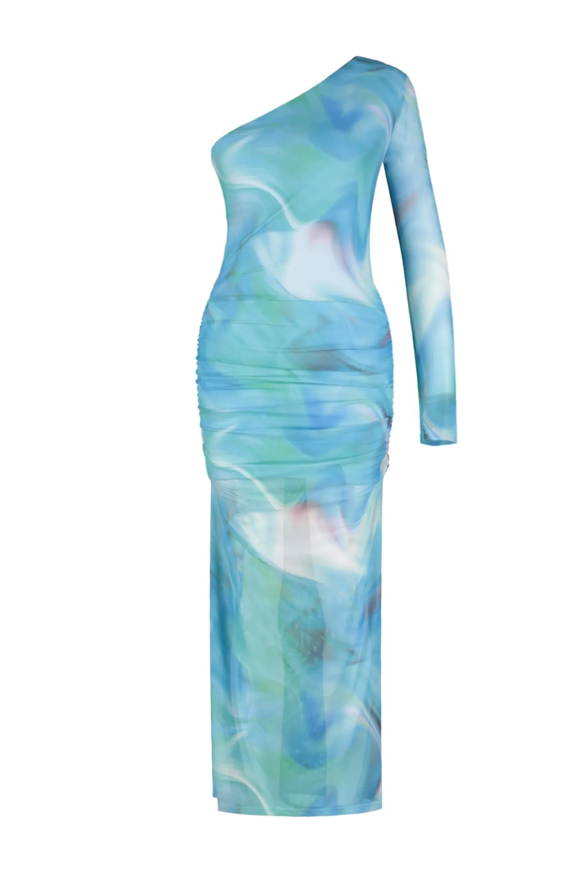 Trendyol Collection  Blaues, gemustertes, drapiertes, figurbetontes, flexibles Maxi-Bleistiftkleid aus Tüll TWOSS23EL01799