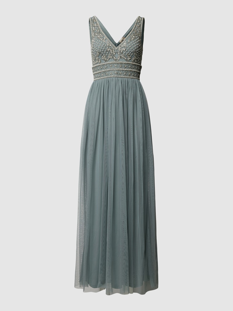 Abendkleid mit Perlen- und Ziersteinbesatz in dunkelgrau
