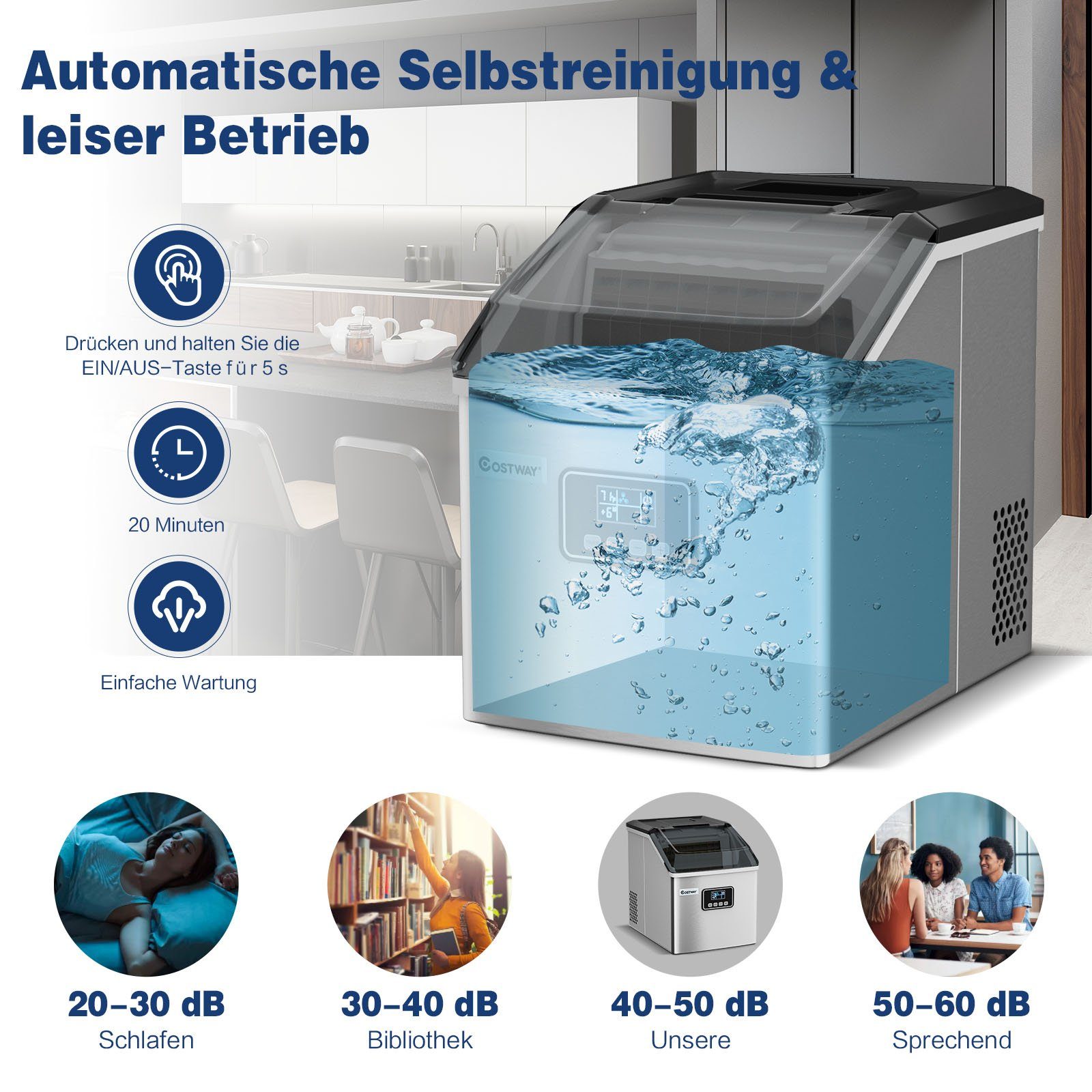 COSTWAY Eiswürfelmaschine, 2,4L, 22kg/24H, 24 Eiswürfel/15min, mit Schaufel