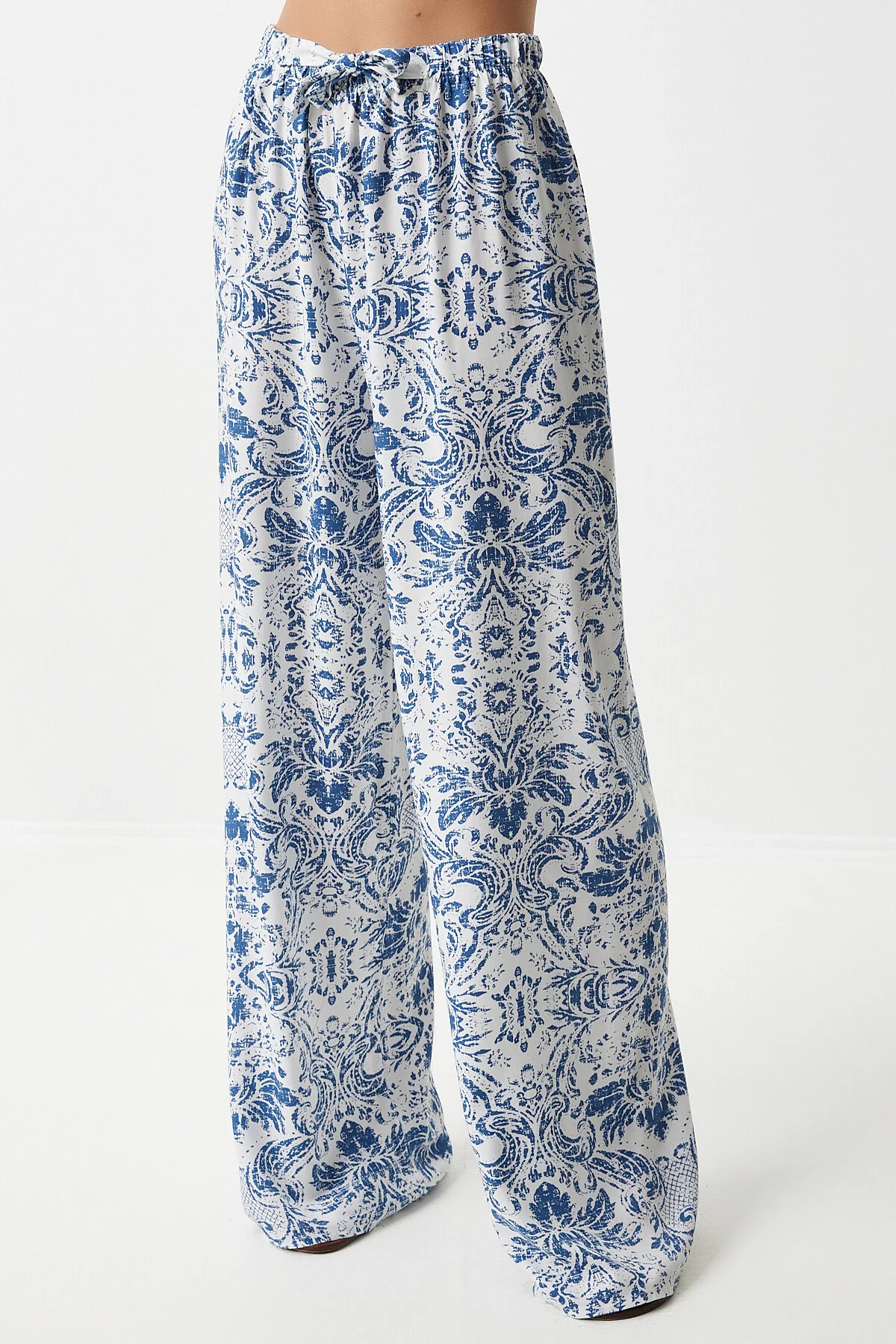 Happiness İstanbul  Damen-Sommerhose aus Viskose, blau, weiß, hohe Taille, locker, BH00354