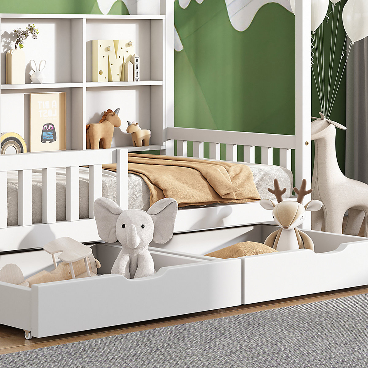 Hausbett 90x200 cm mit Ablageregal und Schubladen, Kinderbett mit Rausfallschutz