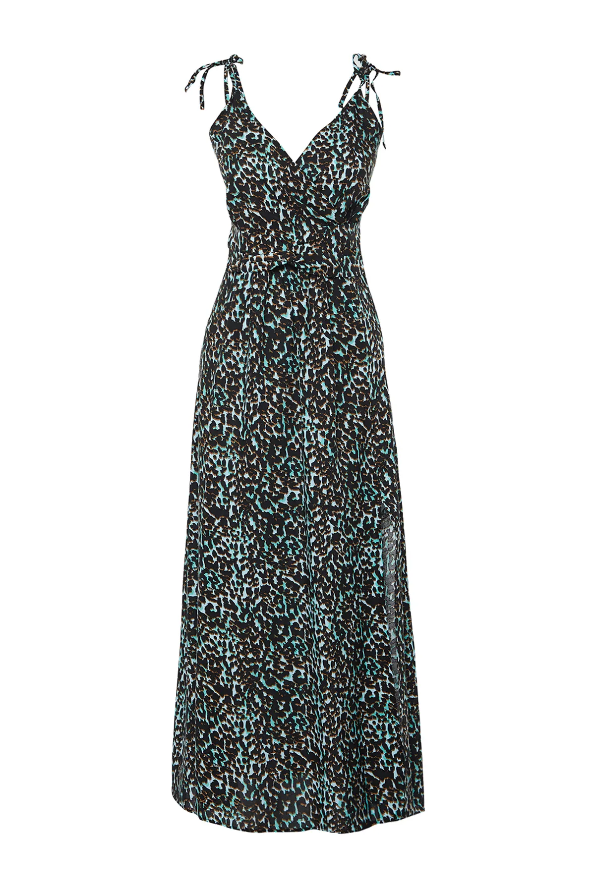 Trendyol Collection  Blaues Maxi-Webkleid mit Leopardenmuster, A-Linien-Schlitz und detailliertem Detail TWOSS23EL01892