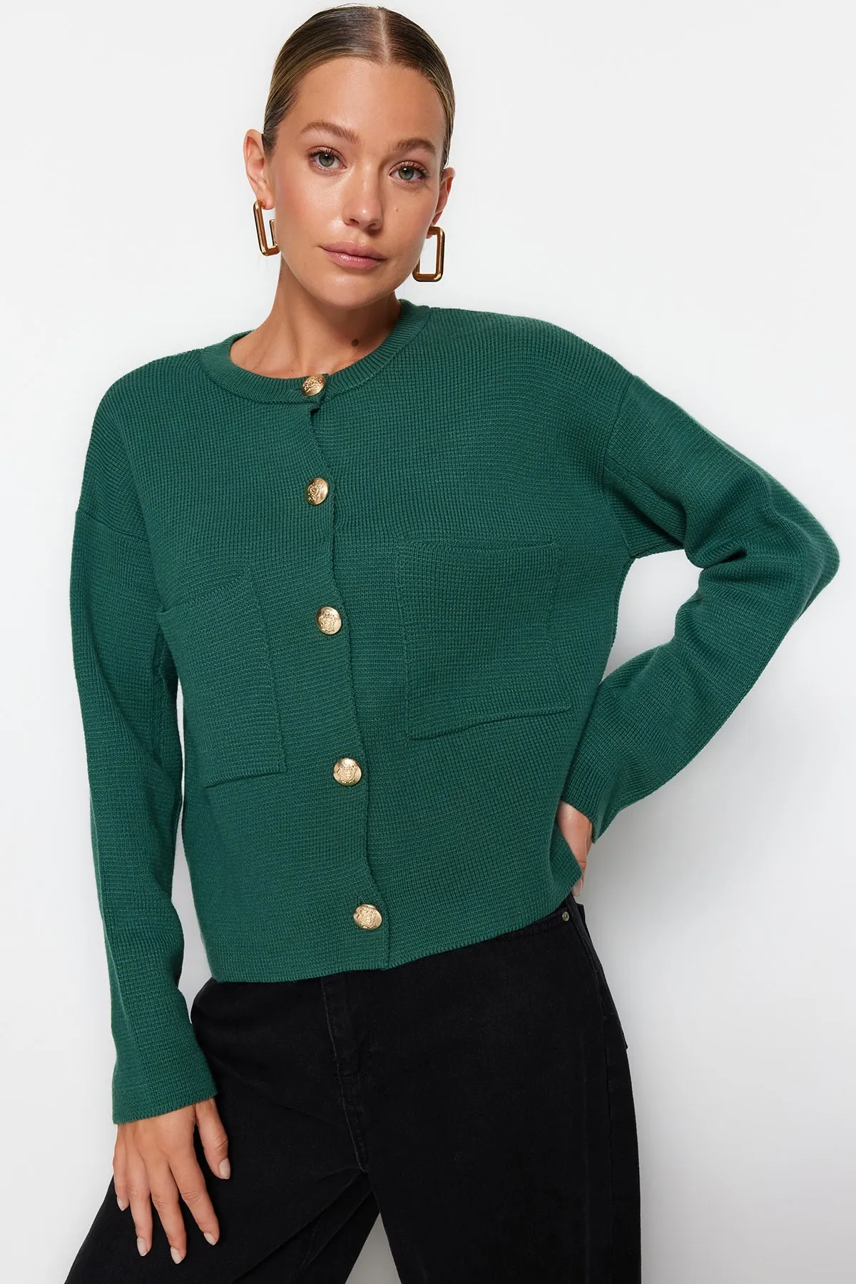 Trendyol Collection  Grüner, weich strukturierter Accessoire-Strick-Cardigan TWOAW24HI00023