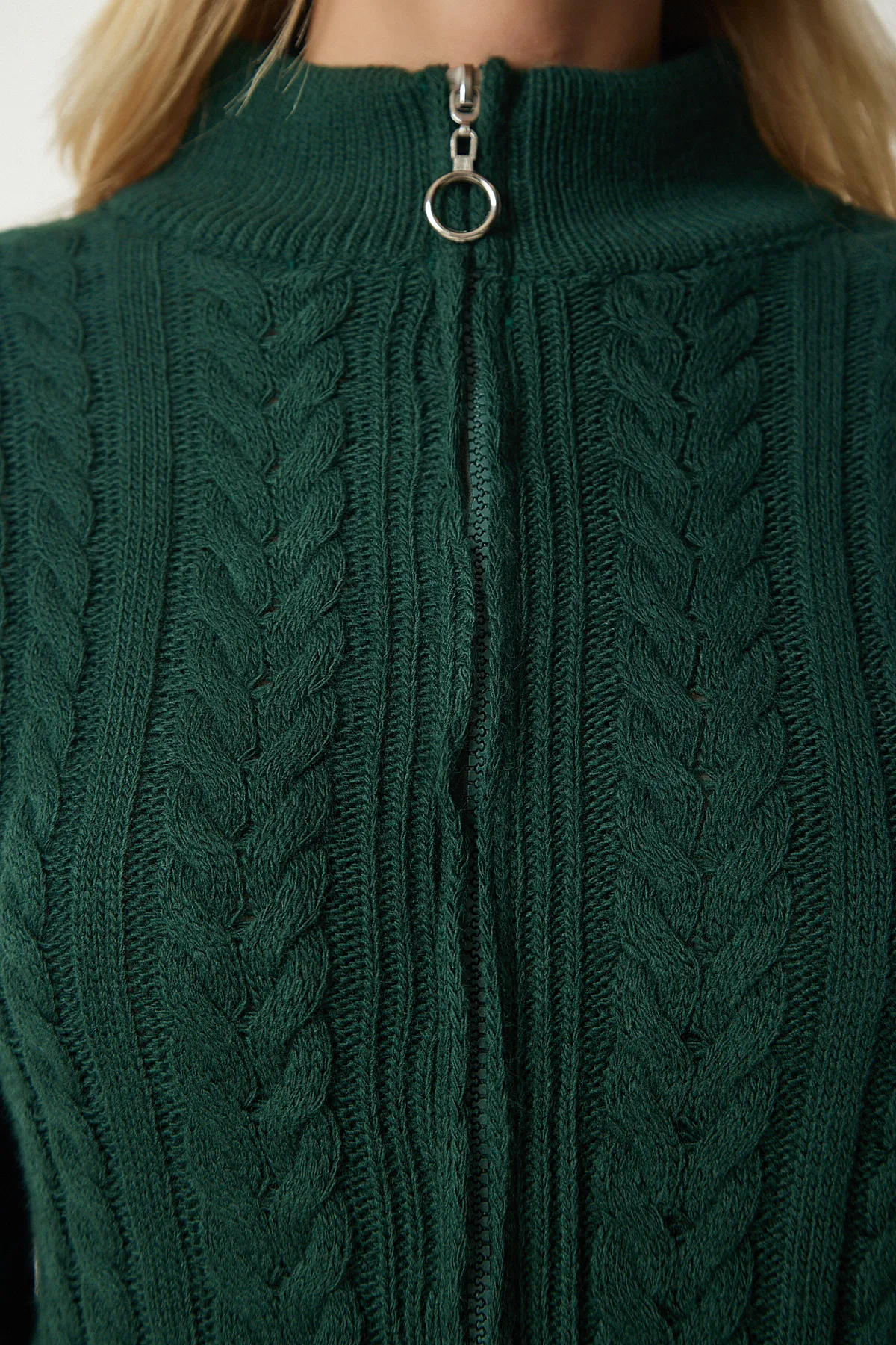 Happiness İstanbul  Smaragdgrüne Strickjacke mit Reißverschluss und Netzmotiv für Damen YY00174