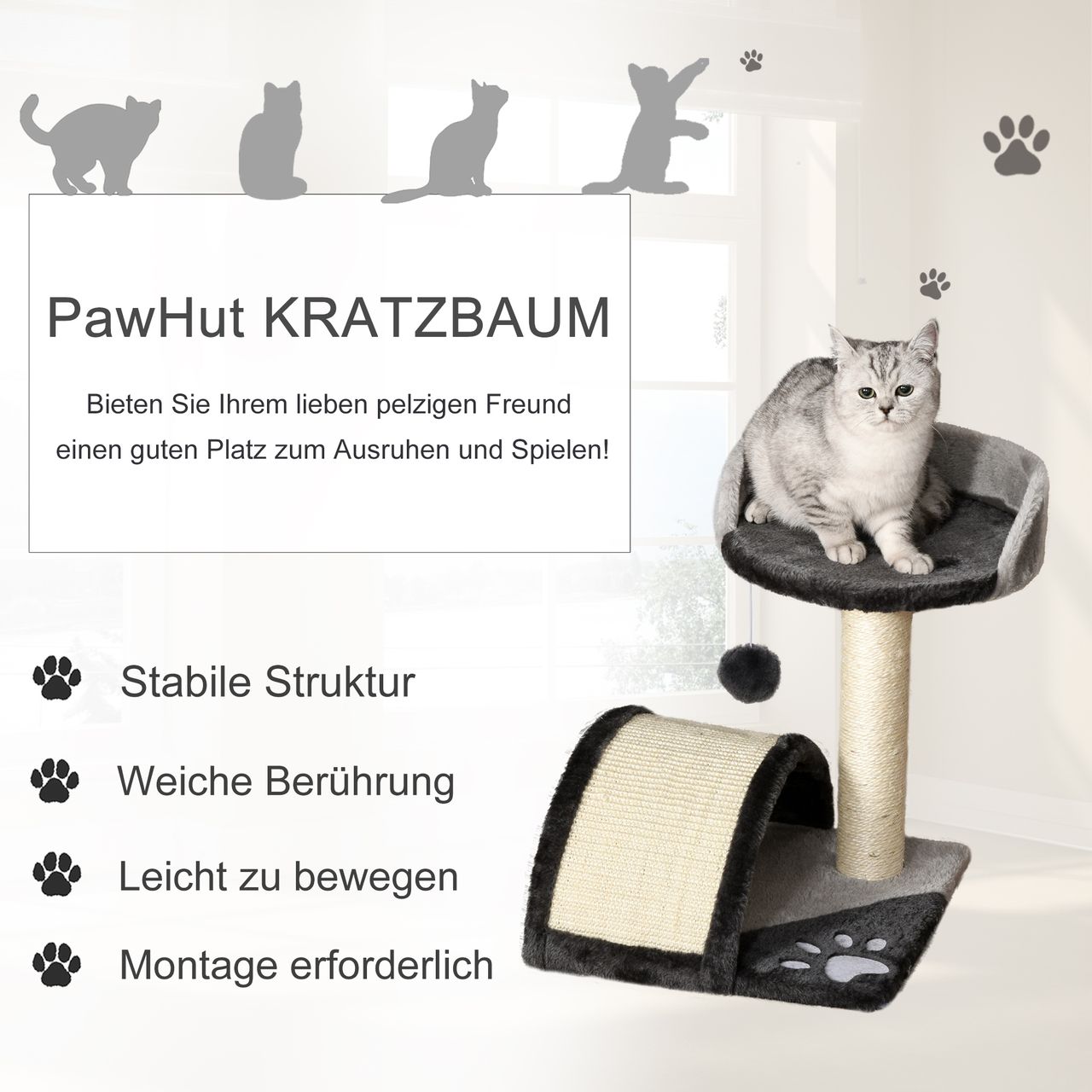 PawHut Kratzbaum Katzenbaum mit Spielbällen Sisalseil-Kratzstangen Grau