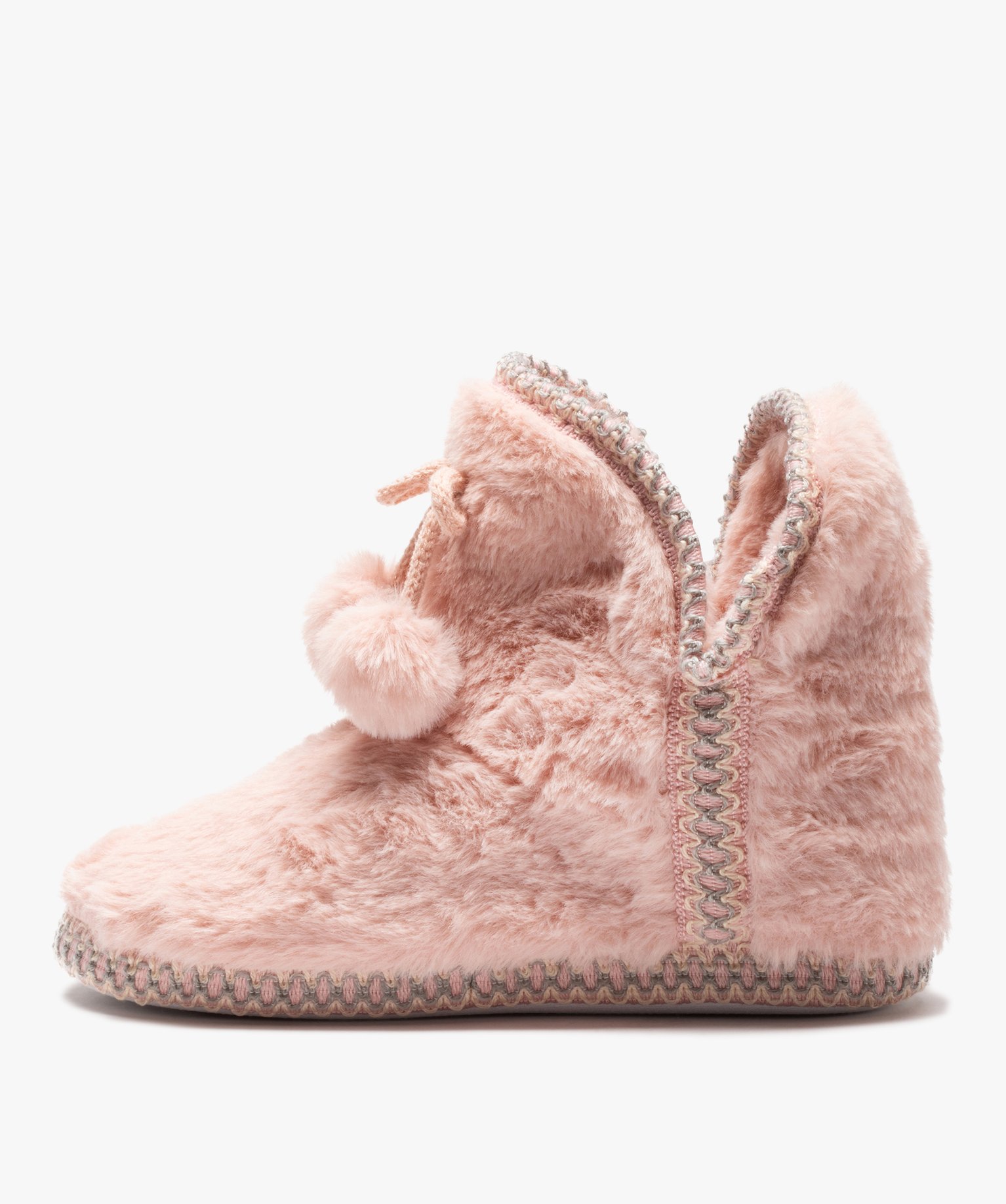 Chaussons femme boots en fourrure imitation et passementerie rose | GEMO