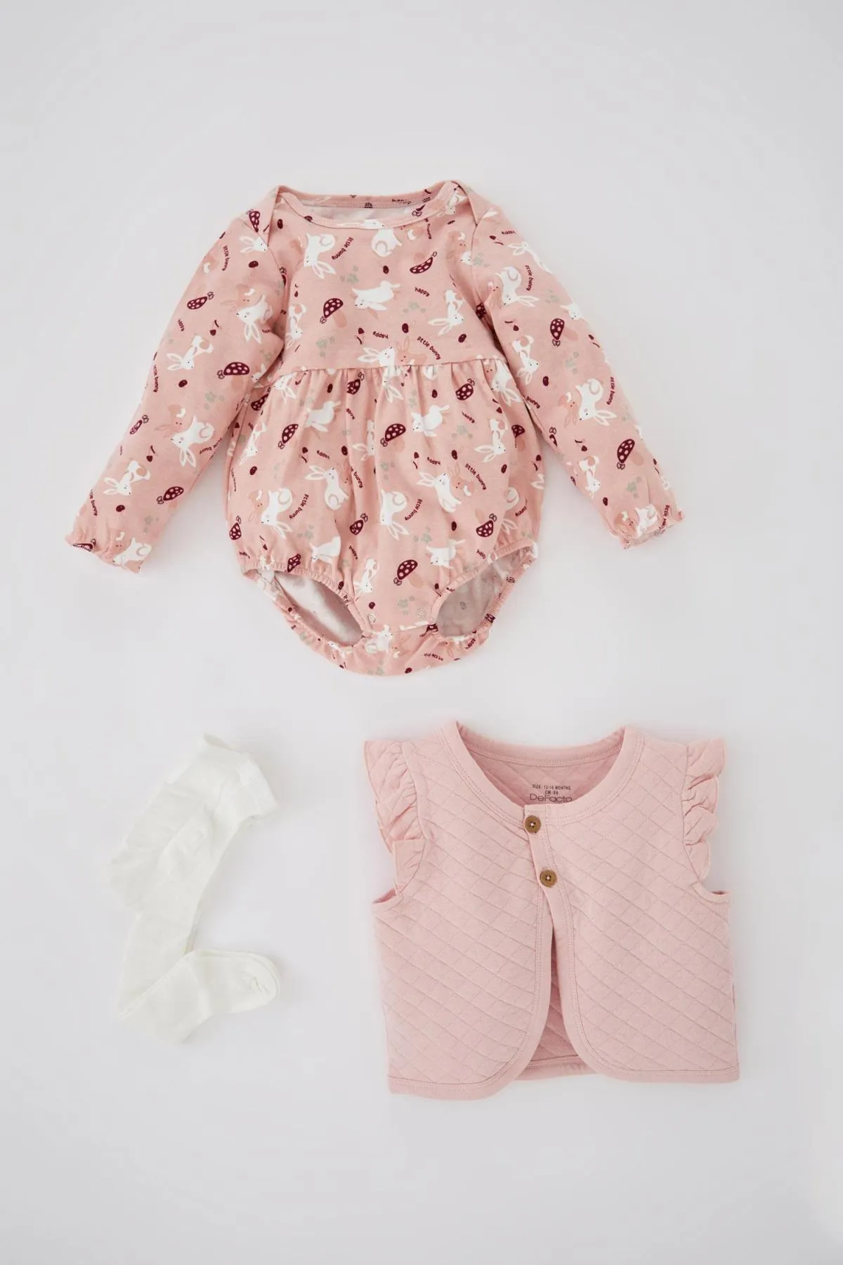 DeFacto  3-teiliges Set mit gemusterten Langarm-Körperwesten und Strumpfhosen mit Druckknopfverschluss für Babys