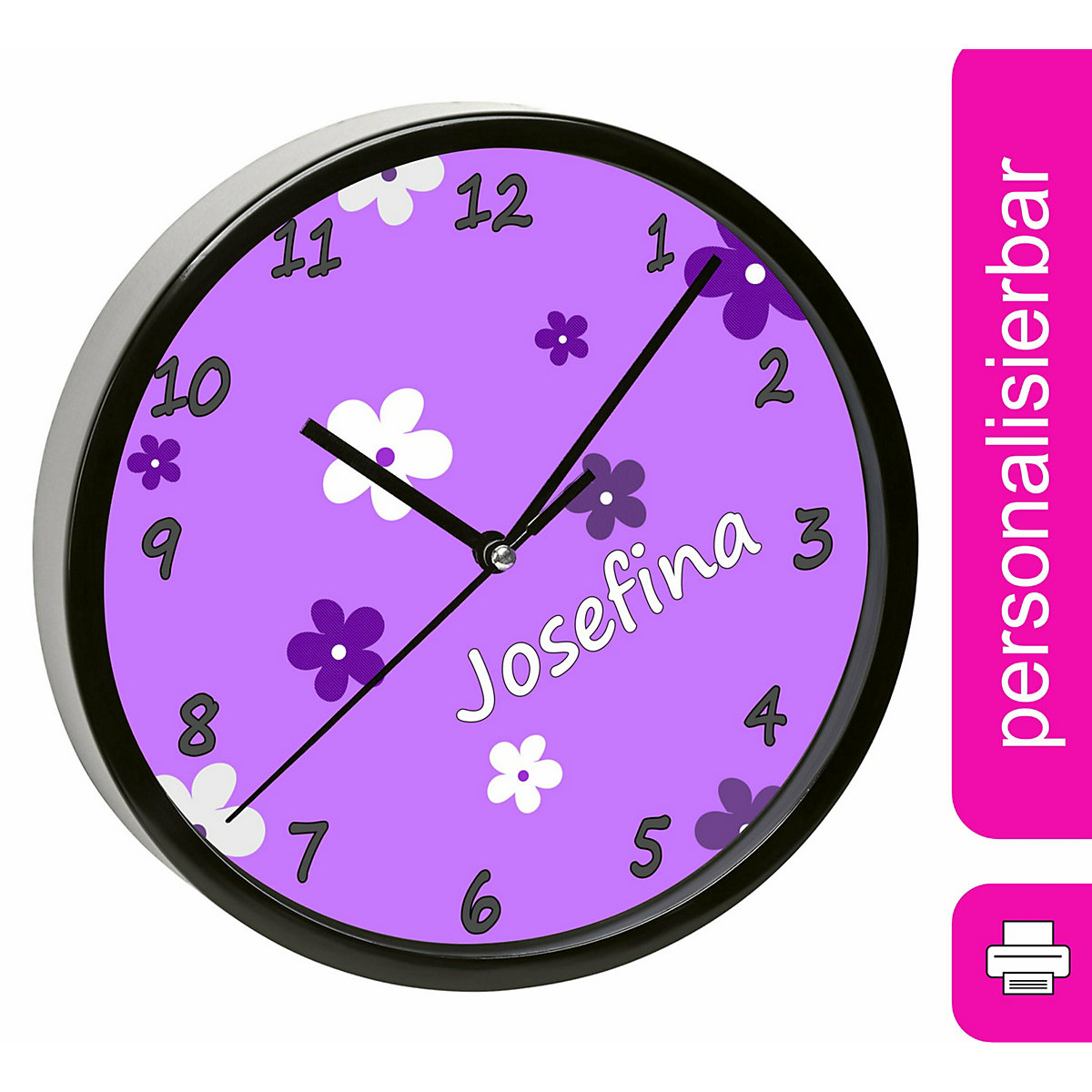 Kinder Wanduhr personalisiert mit Name Blumen Lila