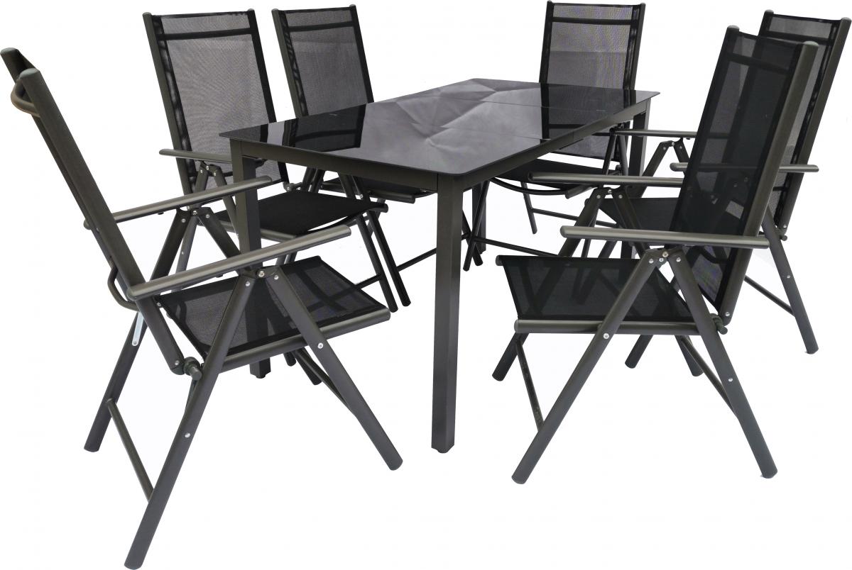 VCM Alu-Gartenset 140 Schwarzglas Tisch   6 Stühle