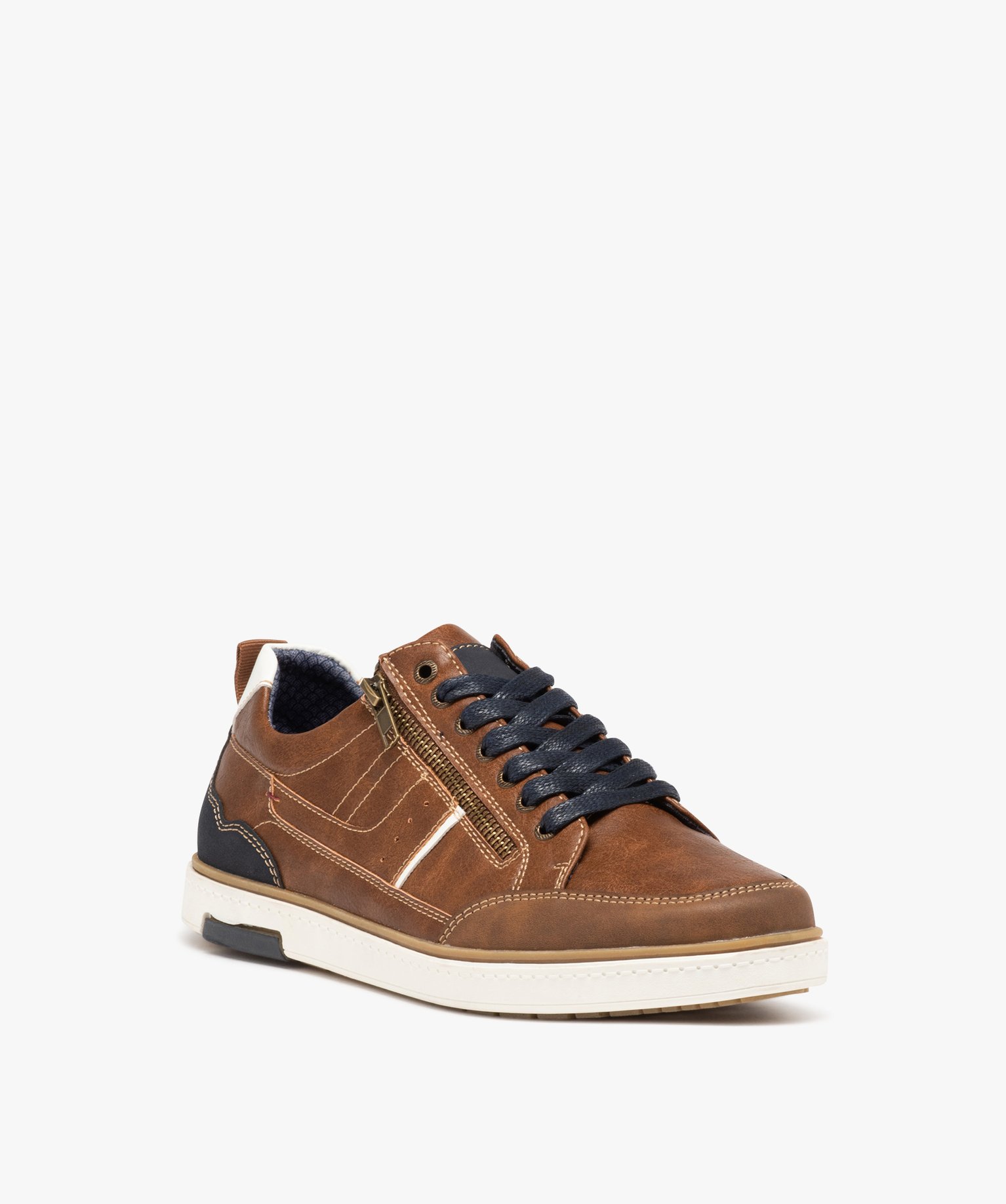 Basket bicolore avec fermeture lacets et zip homme camel | GEMO