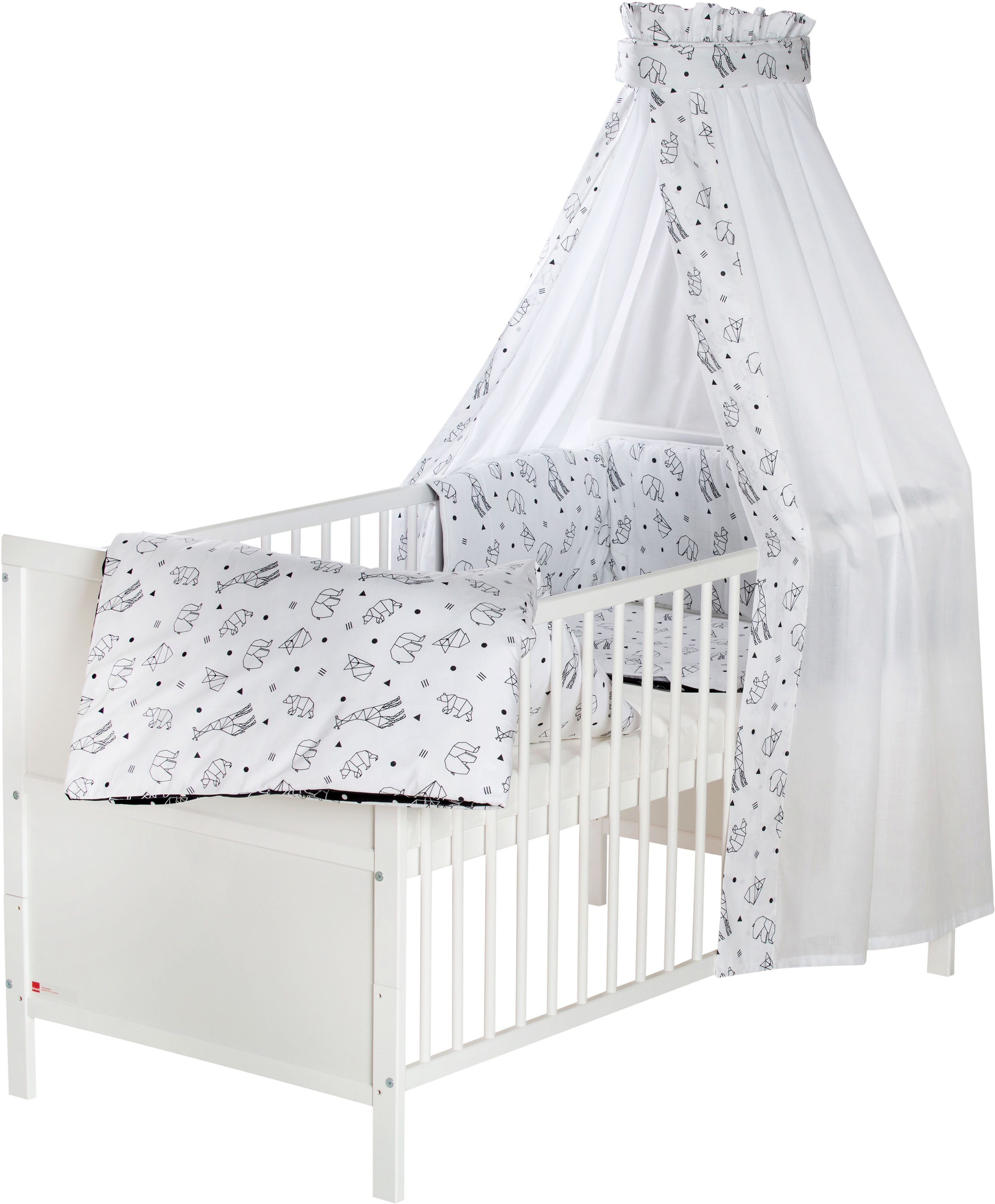 Schardt Babybett Lenny, Origami Black, umbaubar zum Juniorbett, mit Bettwäsche, Nestchen, Himmel