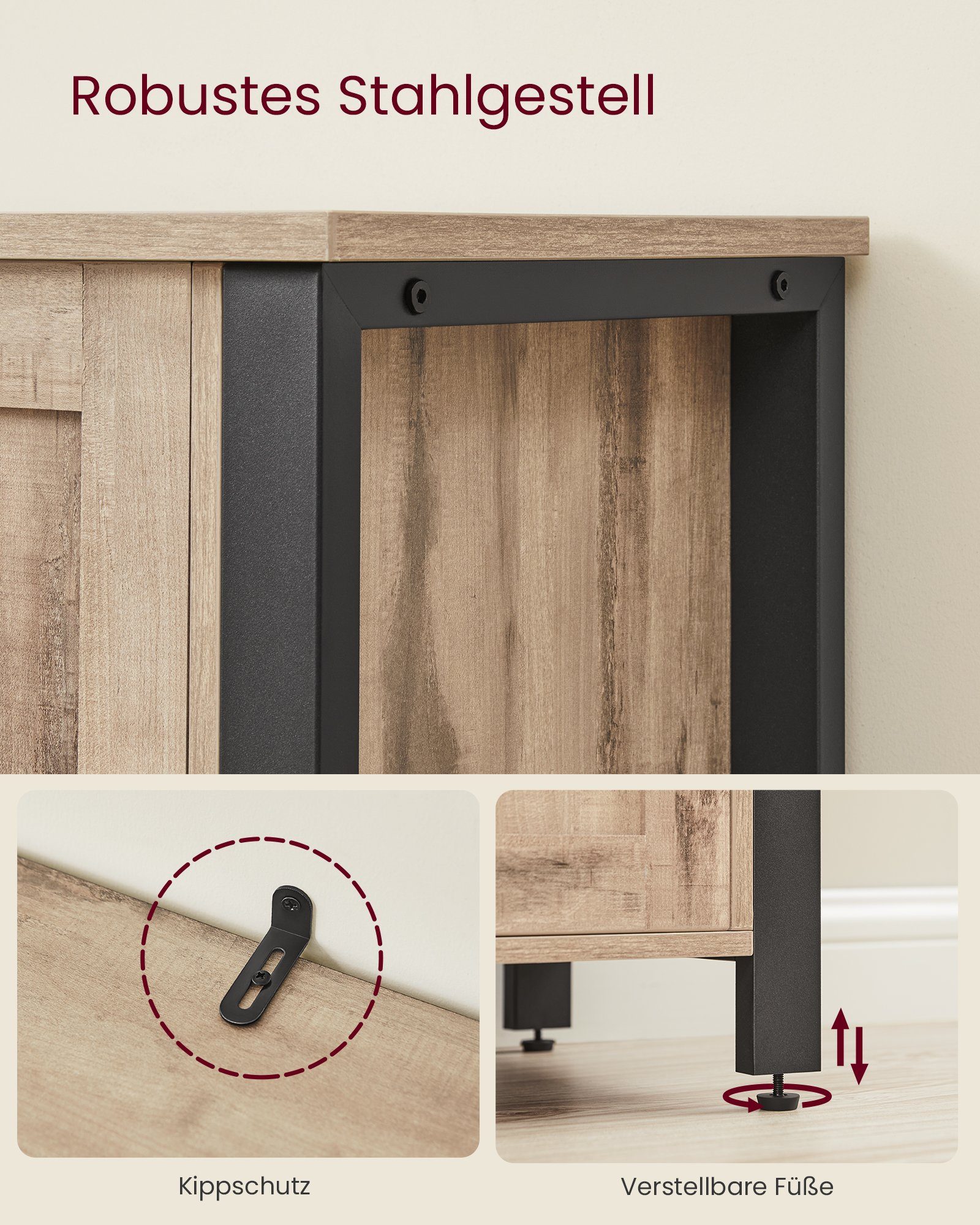 VASAGLE Sideboard Küchenschrank, Kommode, 110 x 33 x 75 cm, mit 3 Türen
