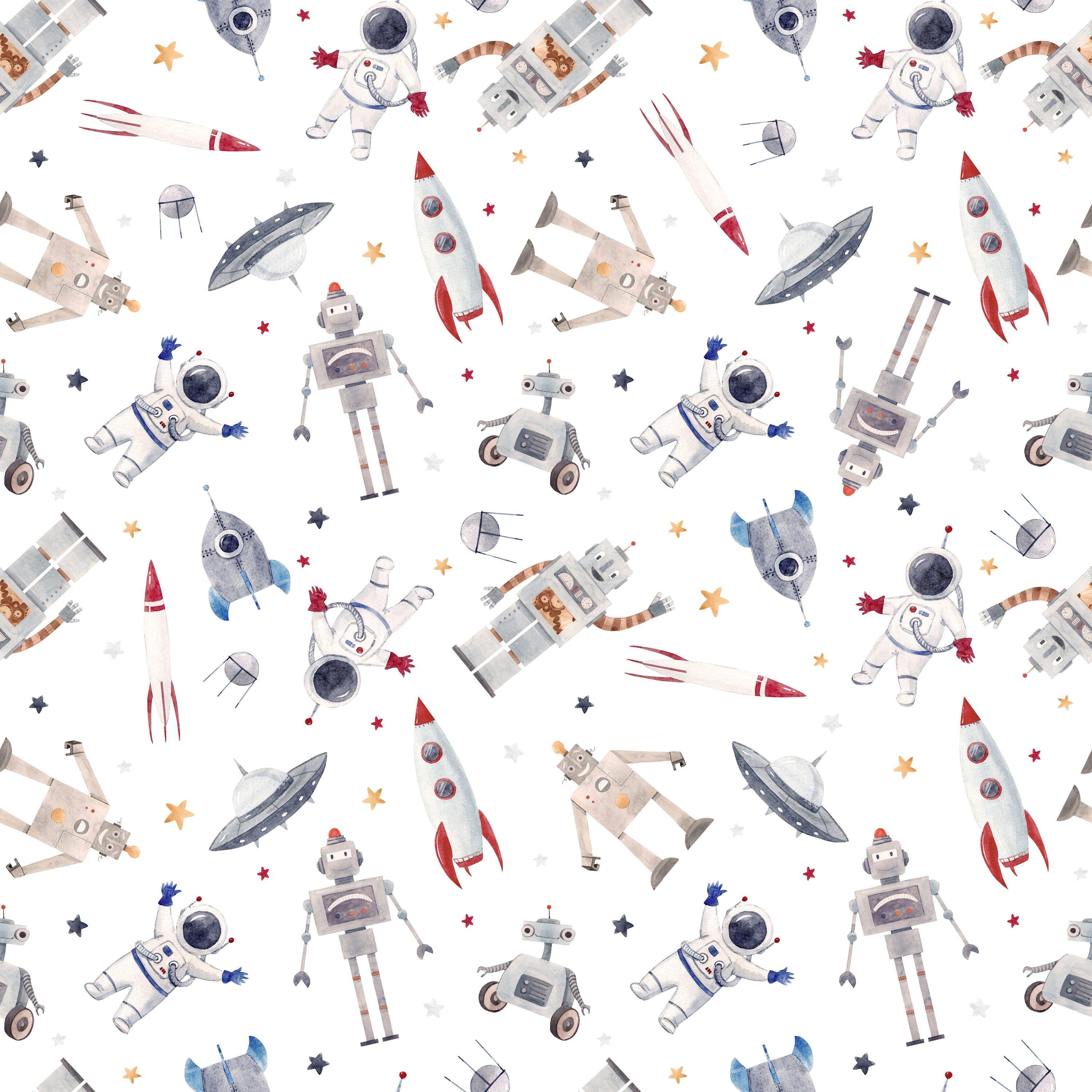wandmotiv24 Fototapete Kinderzimmer Roboter Astronaut Weltall, glatt, Wandtapete, Motivtapete, matt, Vliestapete