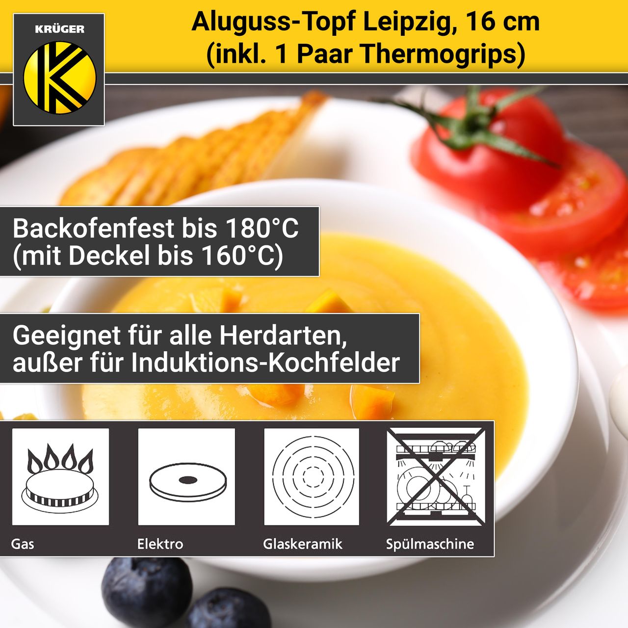 Karl Krüger Aluguss Fleischtopf LEIPZIG mit Deckel, 16 cm